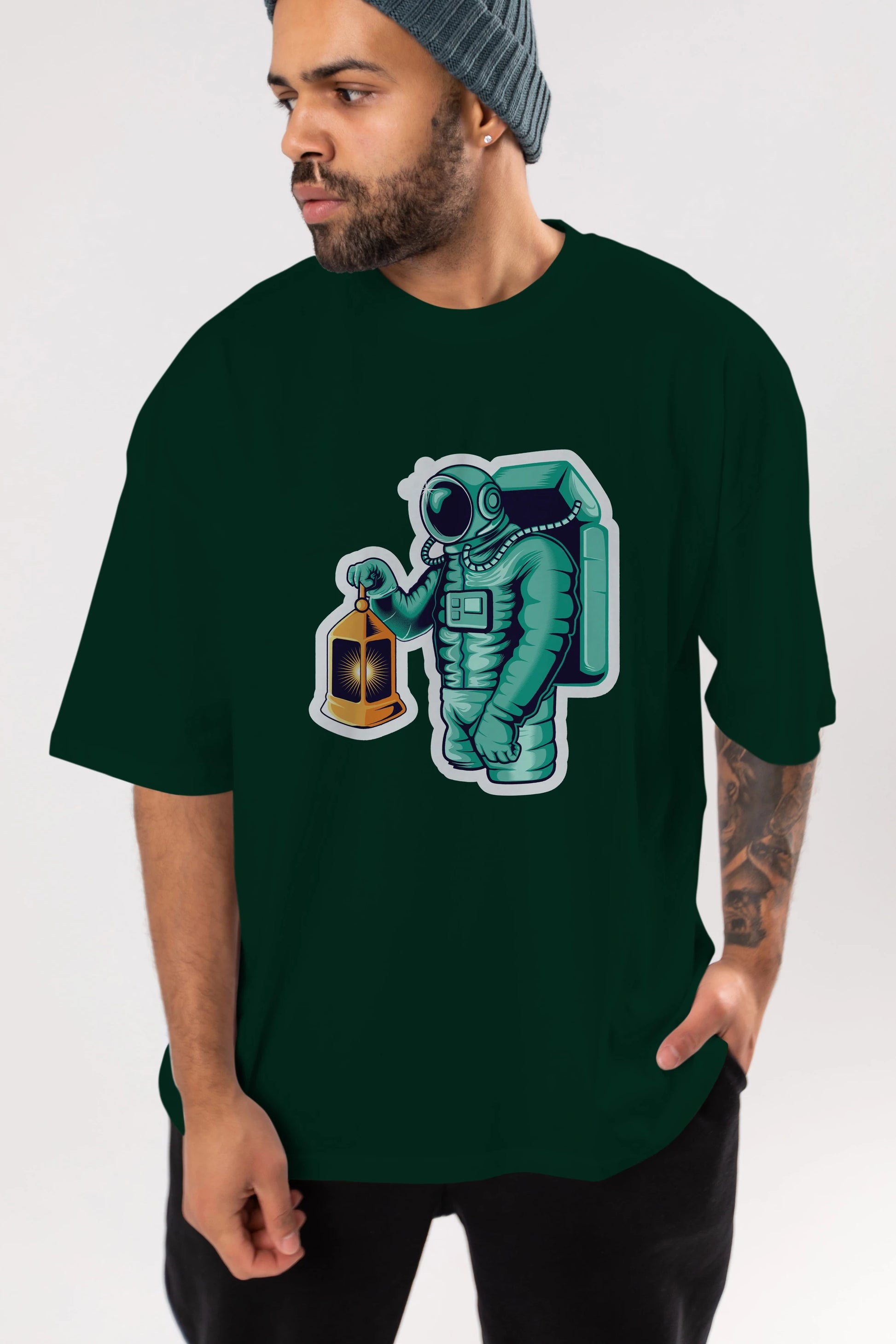 Astronaut Lantern Sticker Ön Baskılı Oversize t-shirt Erkek Kadın Unisex