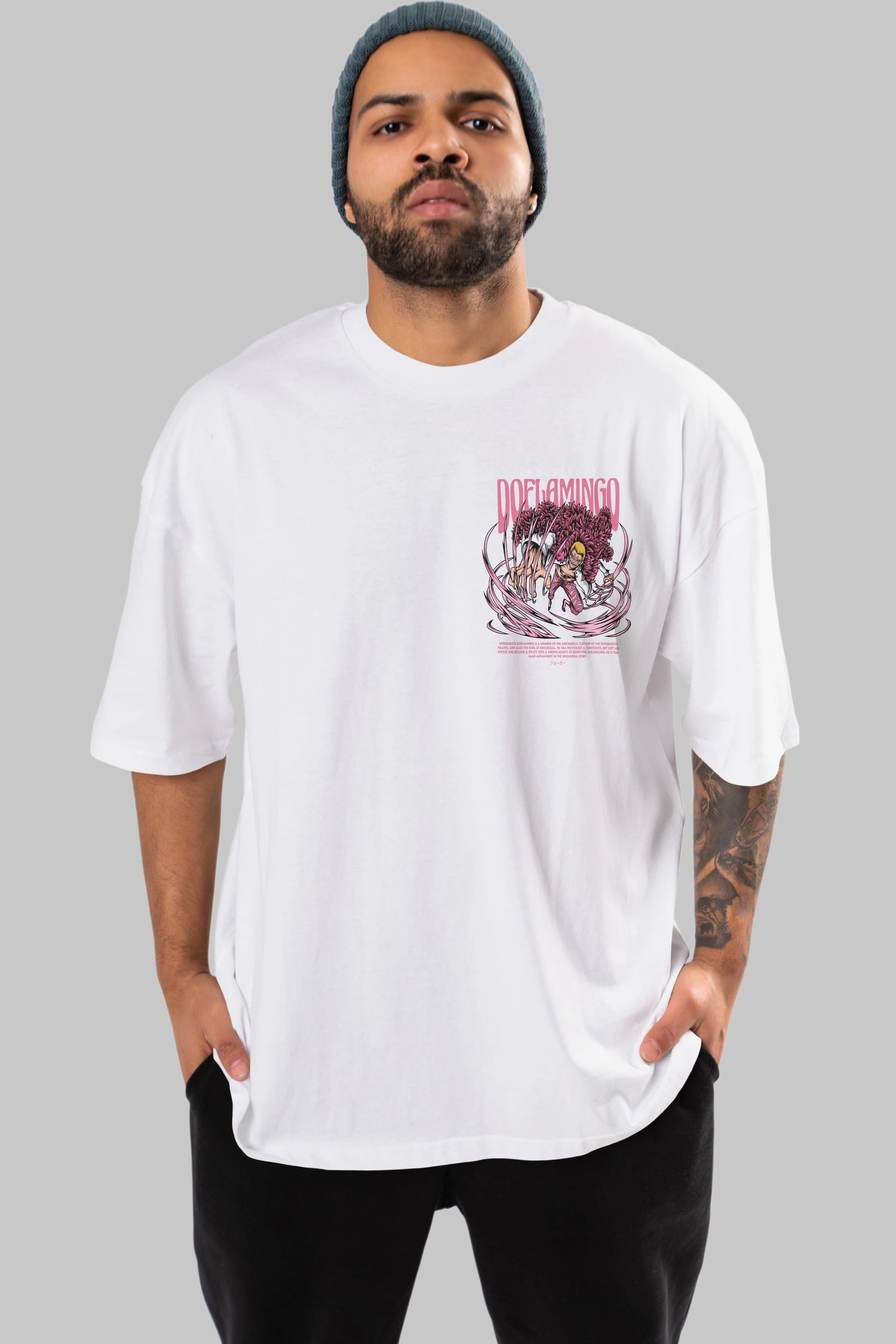 Doflamingo Ön Sol Baskılı Oversize t-shirt Erkek Kadın Unisex %100 Pamuk Bisiklet Yaka tişort