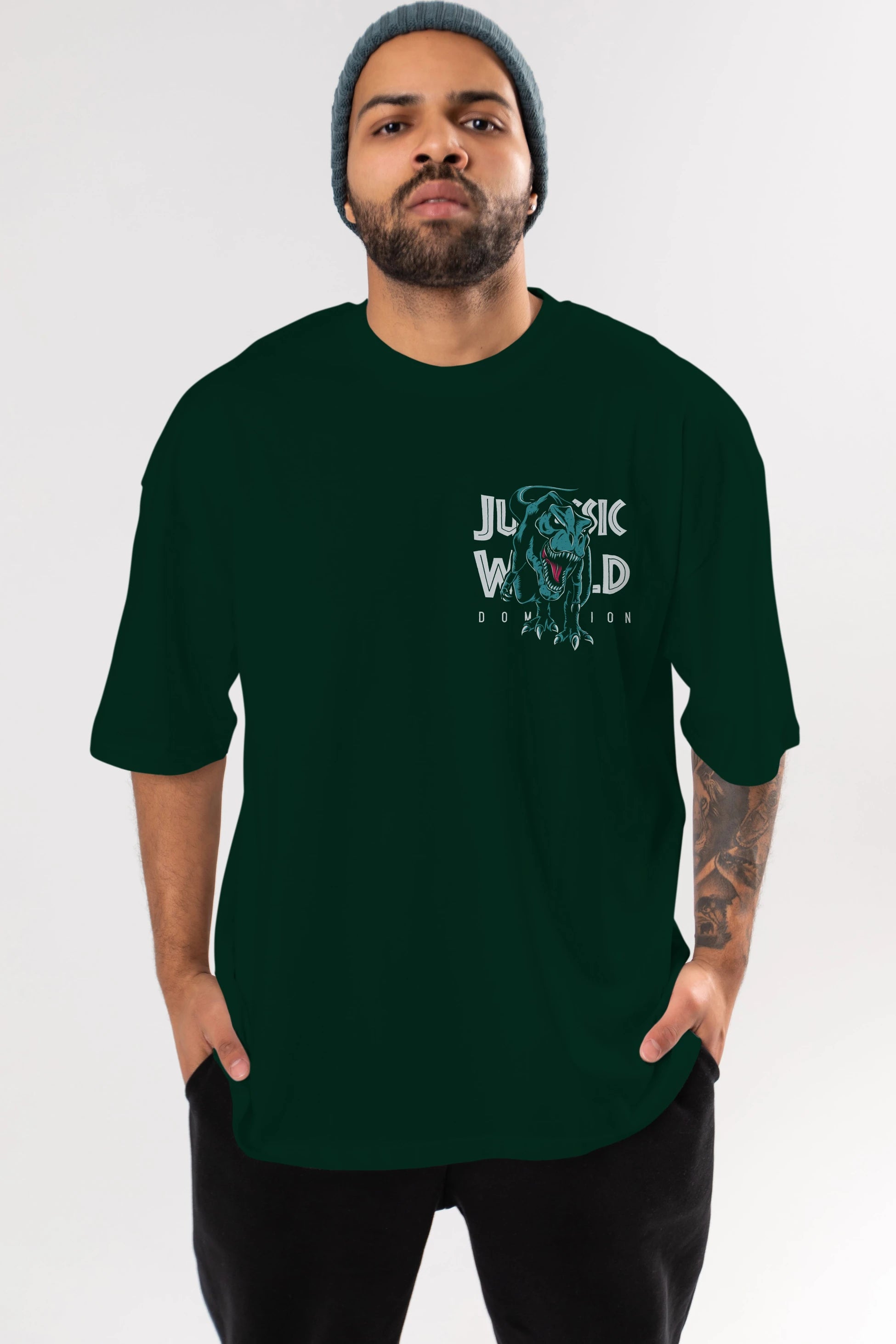 Jurassic Park (1) Ön Sol Baskılı Oversize t-shirt Erkek Kadın Unisex %100 Pamuk Bisiklet Yaka tişort