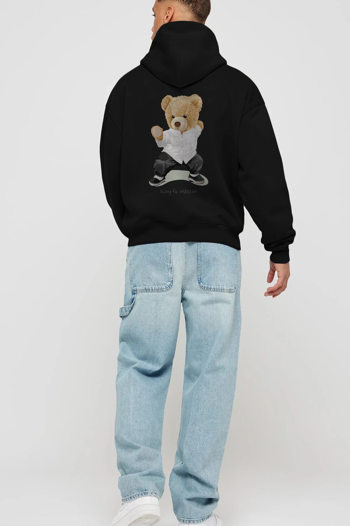 Teddy Bear Kung Fu Master Arka Baskılı Hoodie Oversize Kapüşonlu Sweatshirt Erkek Kadın Unisex