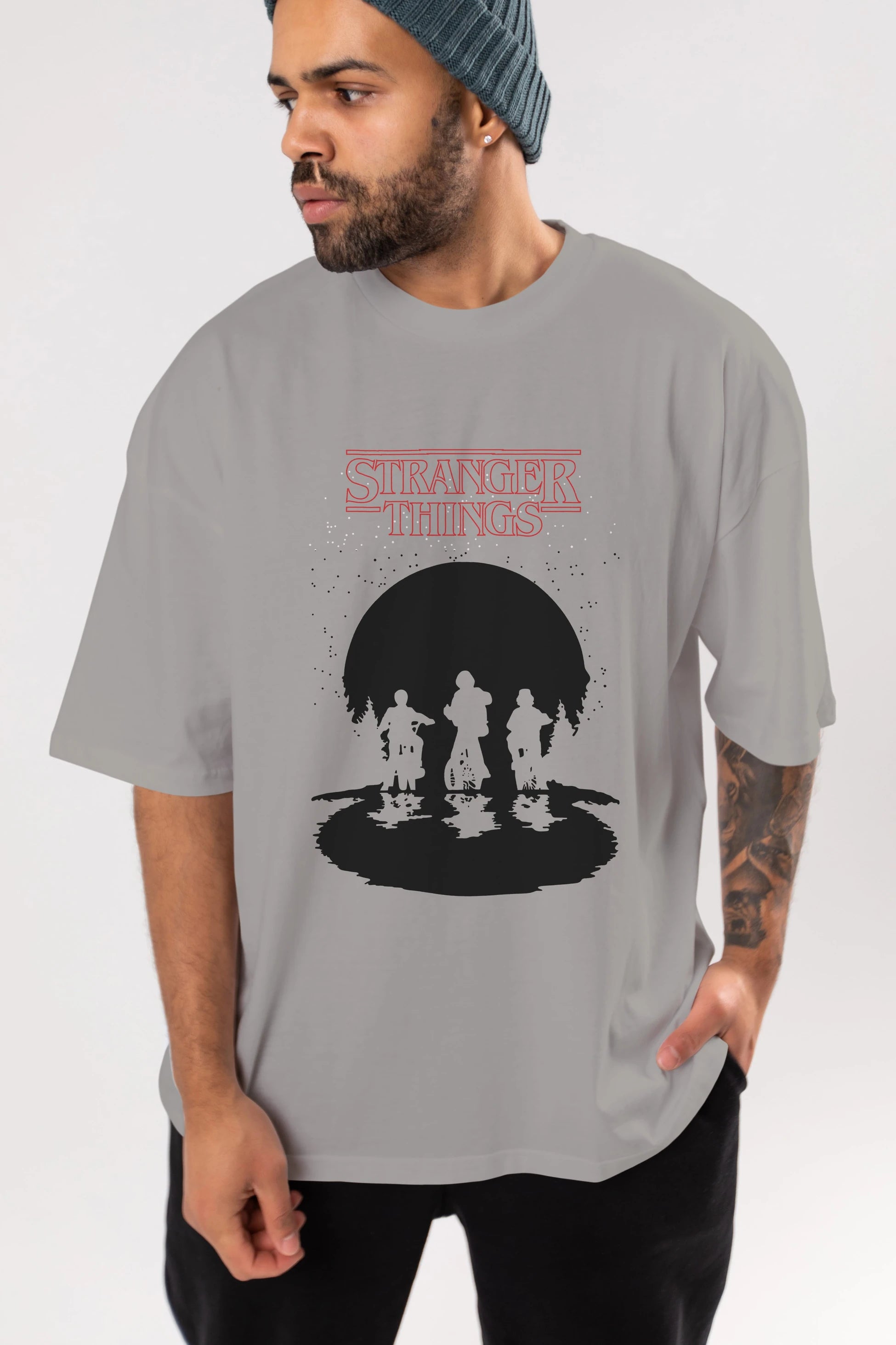 Stranger Things Ön Baskılı Oversize t-shirt Erkek Kadın Unisex %100 Pamuk Bisiklet Yaka tişort