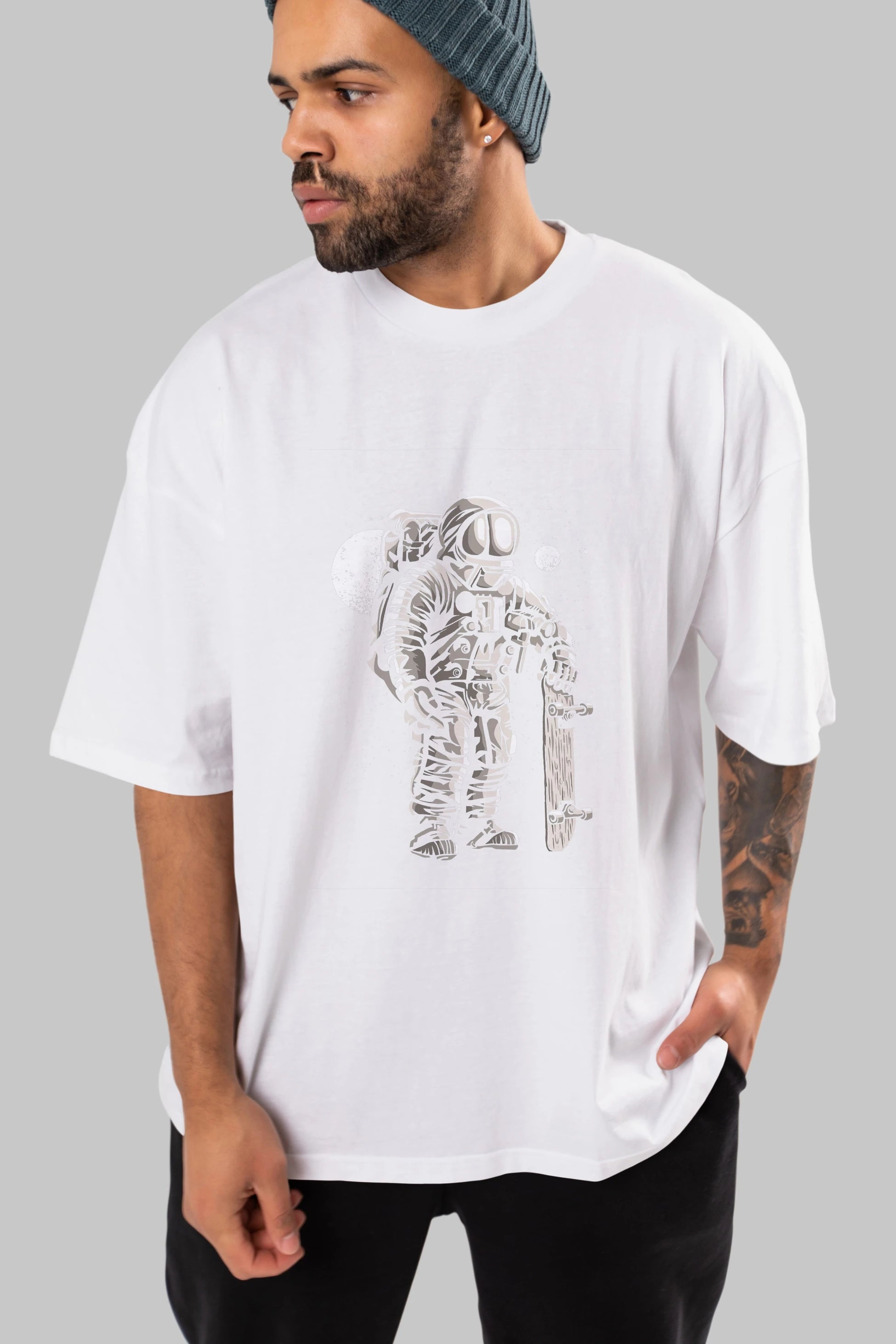 Astronaut Skater Ön Baskılı Oversize t-shirt Erkek Kadın Unisex %100 Pamuk tişort