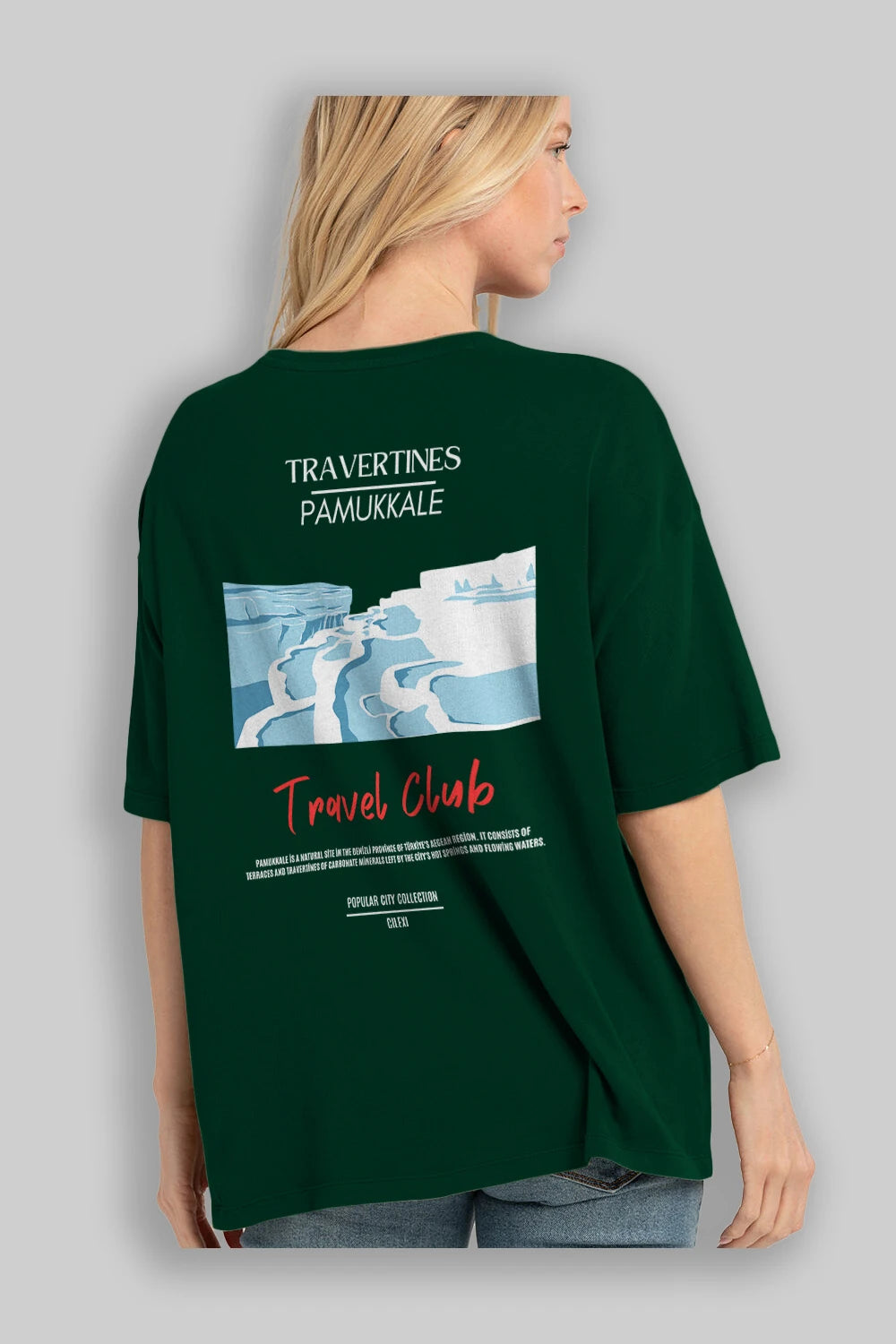 Travertines Pamukkale Arka Baskılı Oversize t-shirt Erkek Kadın Pamuk Bisiklet Yaka tişort
