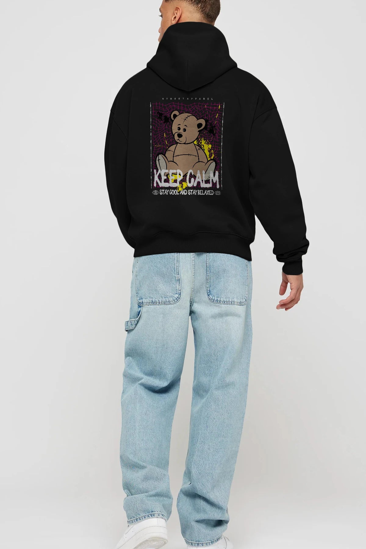 Keep Calm Bear Arka Baskılı Hoodie Oversize Kapüşonlu Sweatshirt Erkek Kadın Unisex