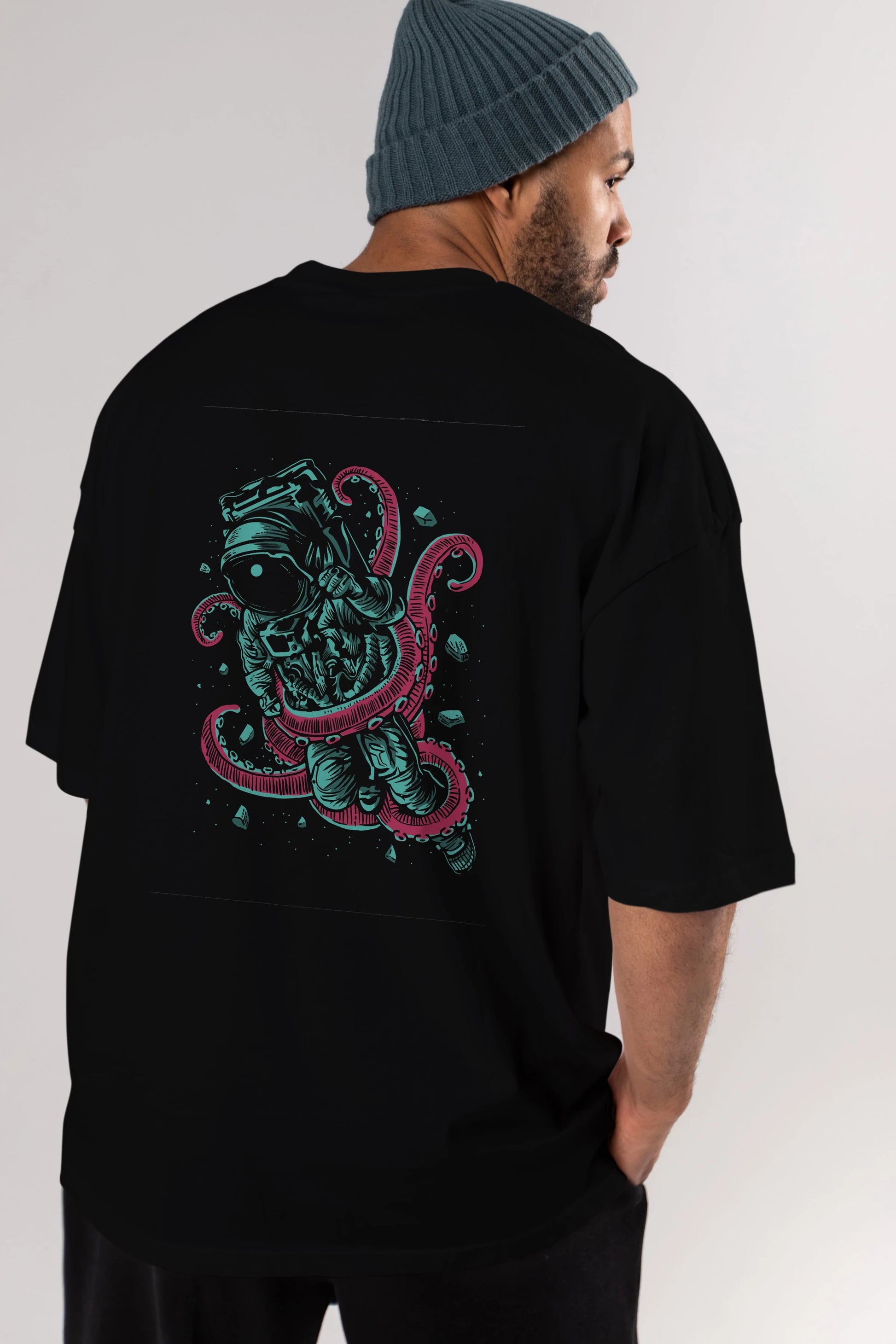 Astronaut Octopus Arka Baskılı Oversize t-shirt Erkek Kadın Unisex %100 Pamuk