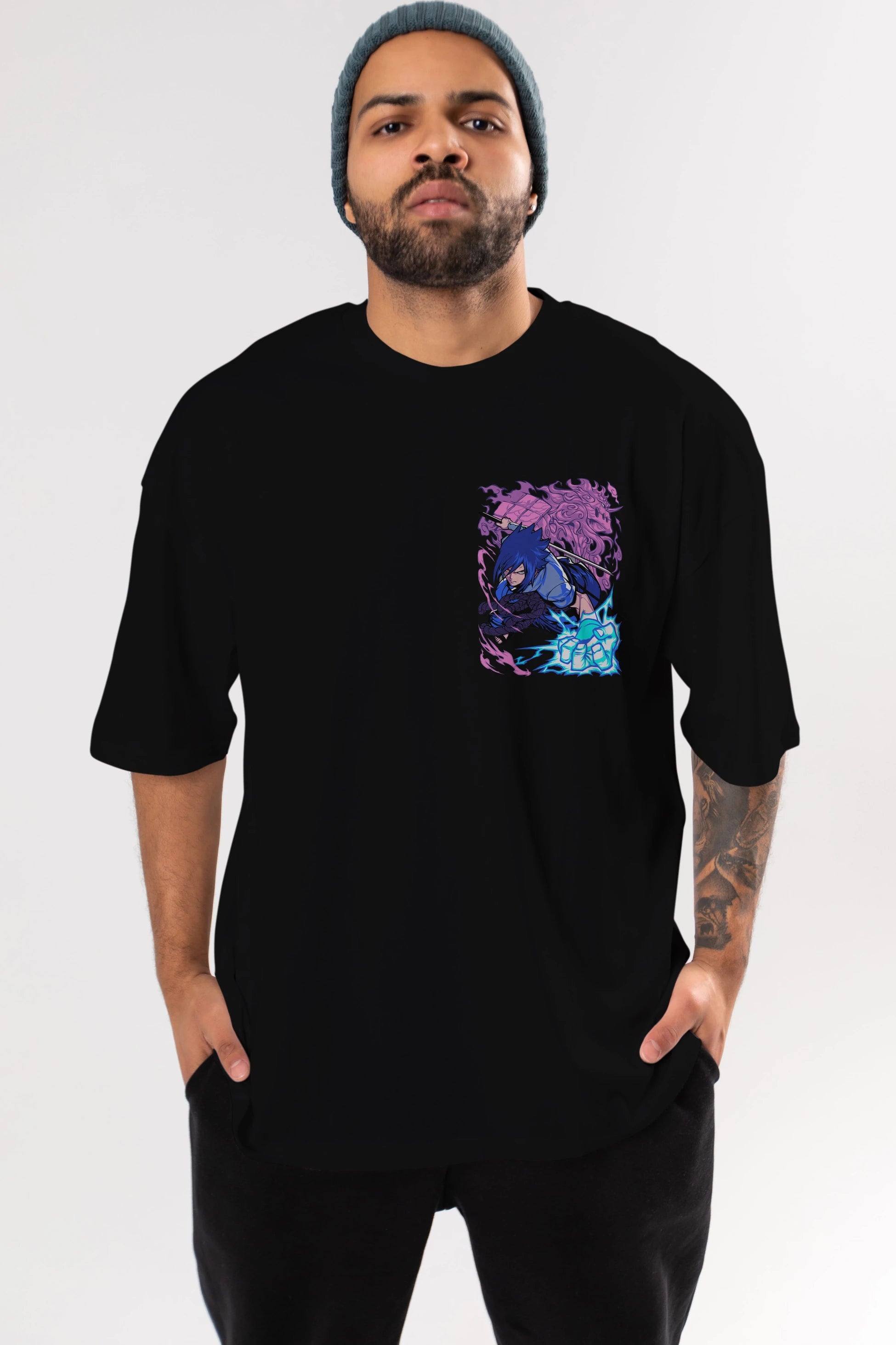 NARUTO SASUKE UCHIHA 2 Ön Sol Baskılı Oversize t-shirt Erkek Kadın Unisex %100 Pamuk Bisiklet Yaka tişort