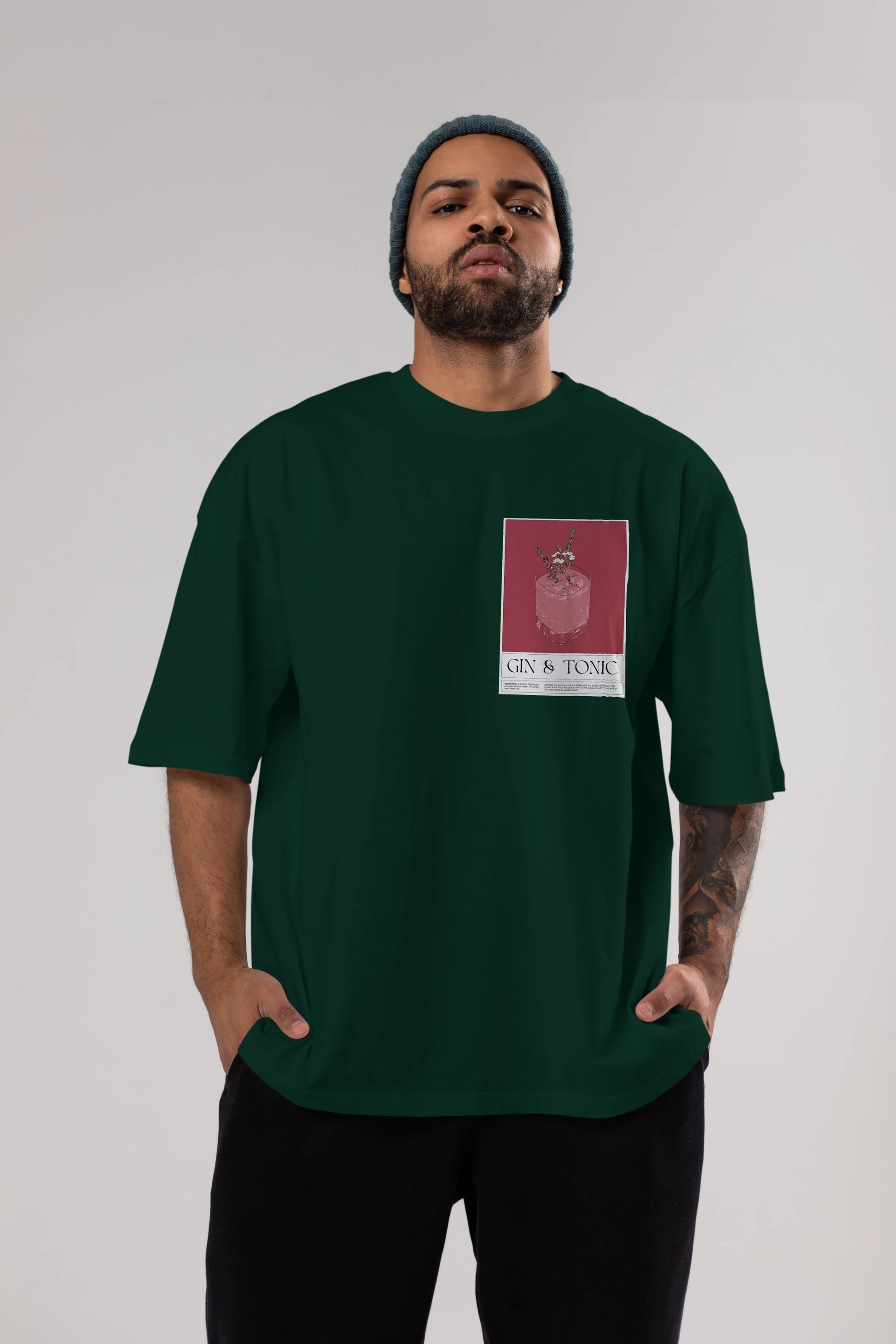 Gin Tonic 4 Ön Sol Baskılı Oversize t-shirt Erkek Kadın Unisex %100 Pamuk Bisiklet Yaka tişort