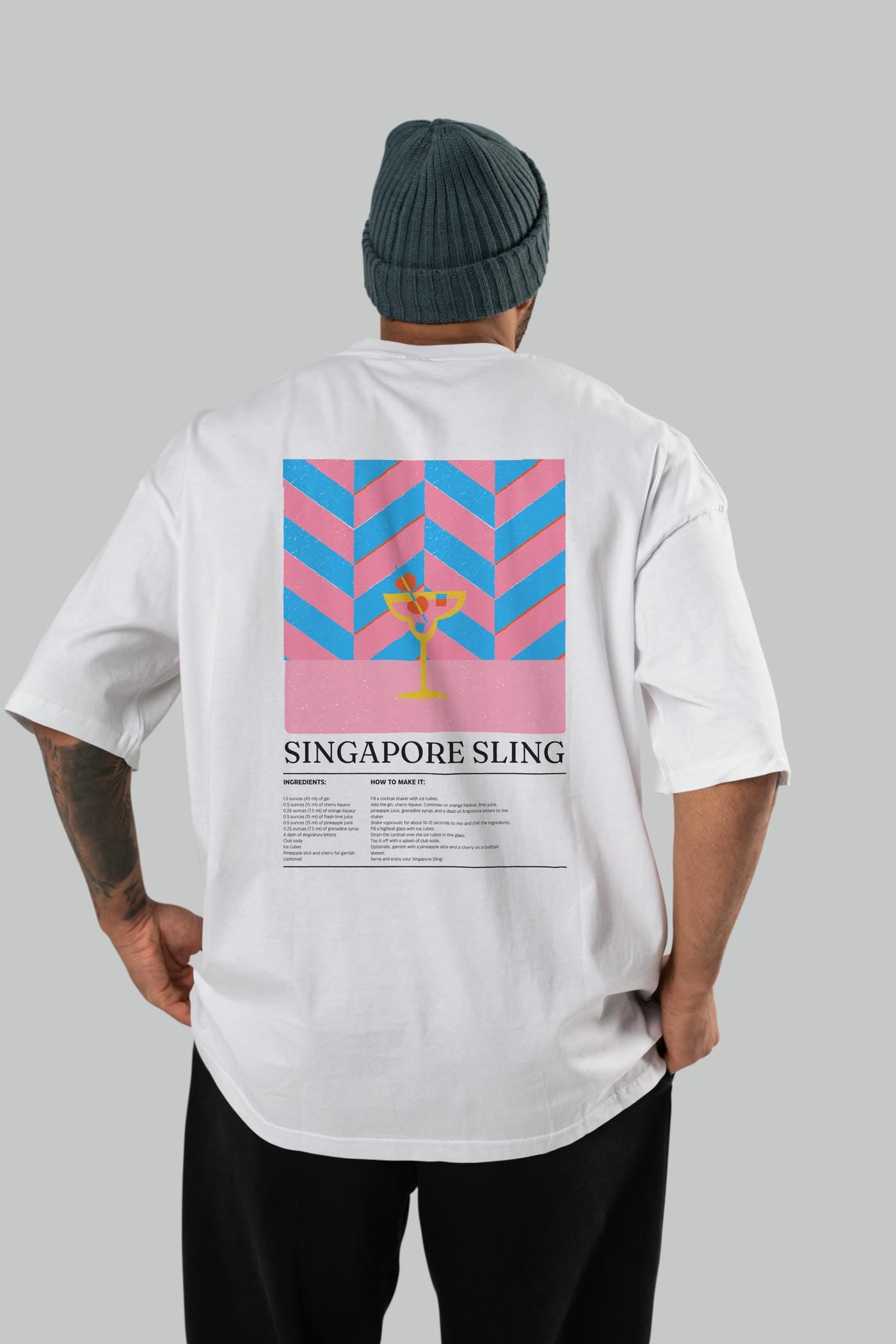 Singapore Sling Kokteyl Serisi Arka Baskılı Oversize t-shirt Erkek Kadın %100 Pamuk Bisiklet Yaka tişort