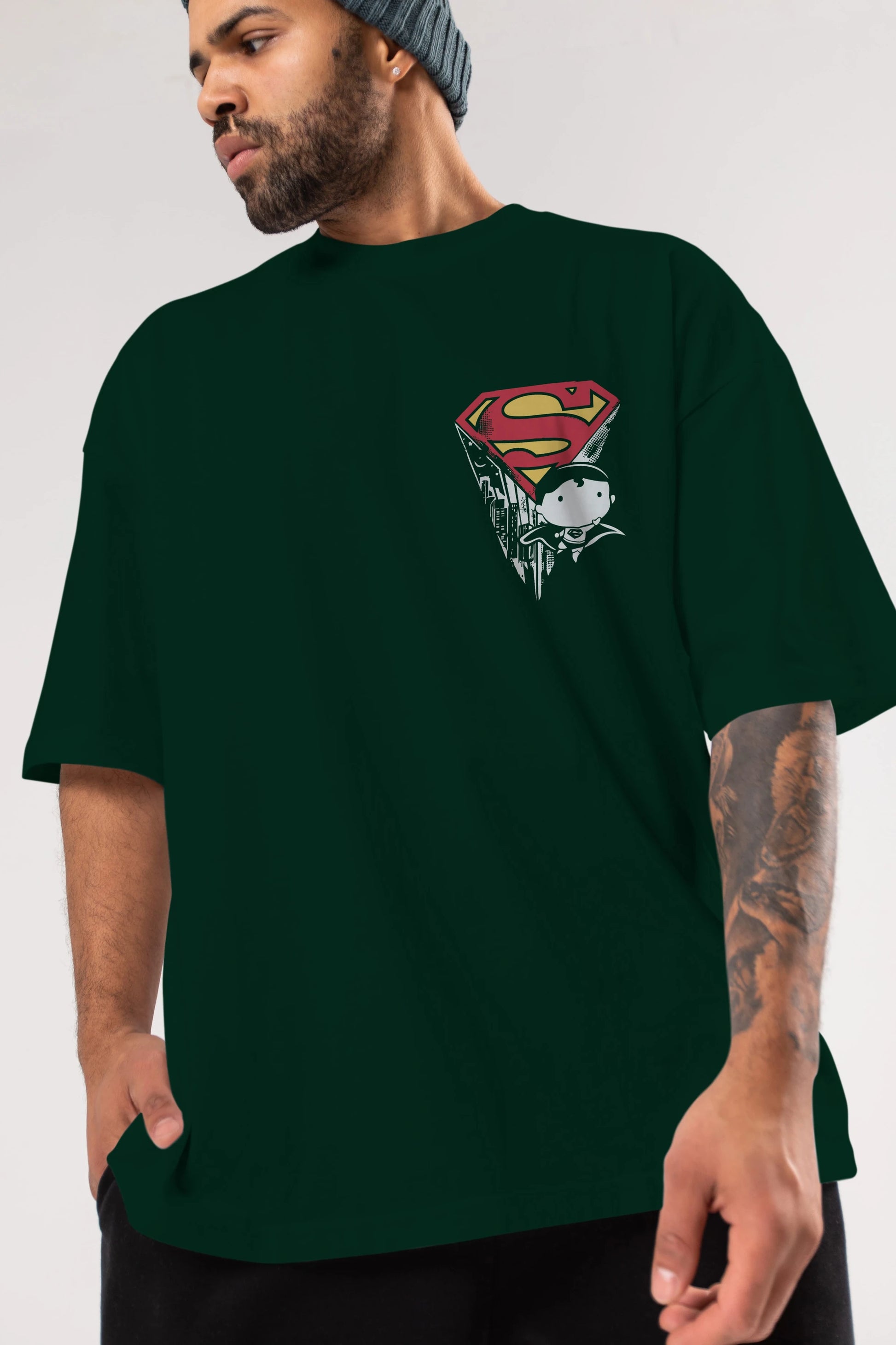 Superman Ön Sol Baskılı Oversize t-shirt Erkek Kadın Unisex %100 Pamuk Bisiklet Yaka tişort