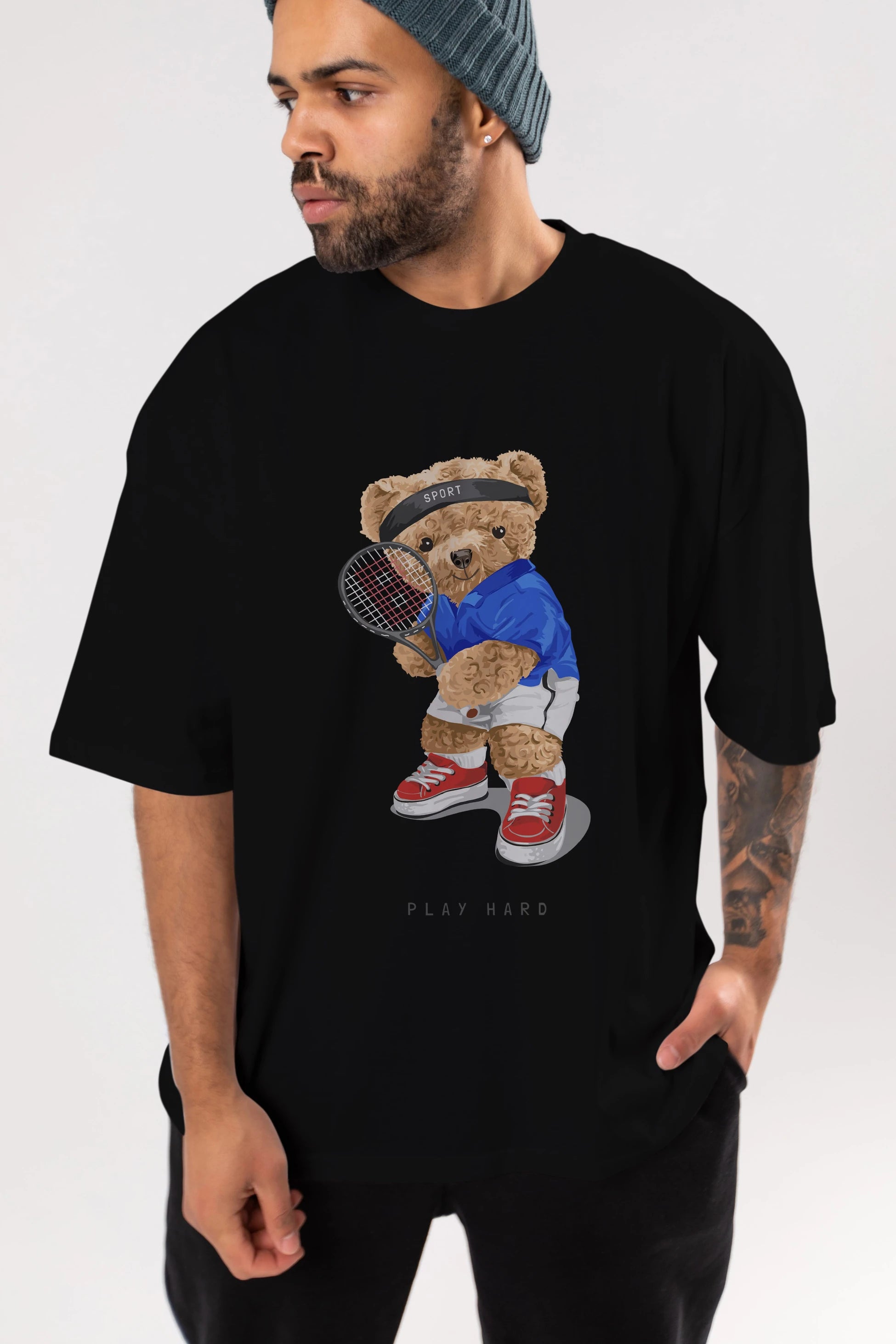 Teddy Bear Play Hard Ön Baskılı Oversize t-shirt Erkek Kadın Unisex %100 Pamuk
