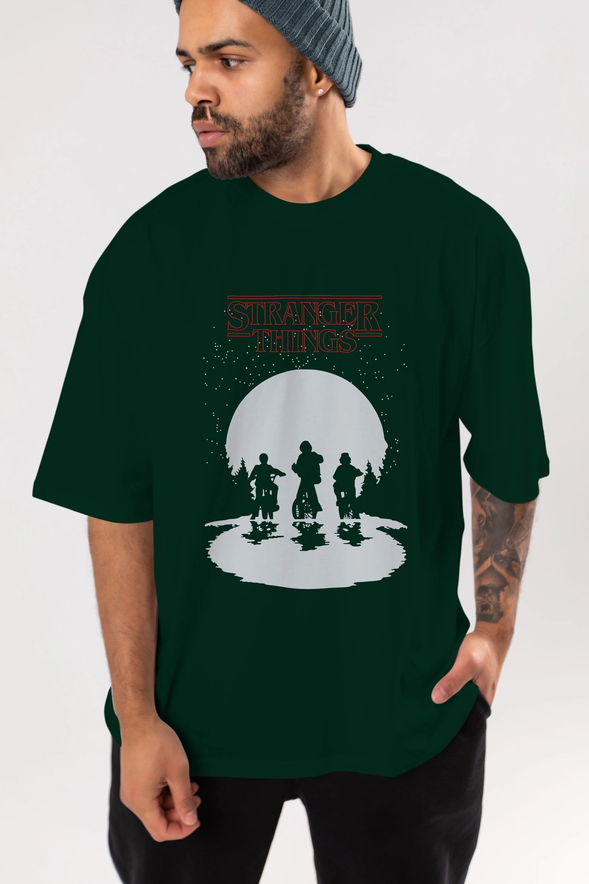 Stranger Things Ön Baskılı Oversize t-shirt Erkek Kadın Unisex %100 Pamuk Bisiklet Yaka tişort