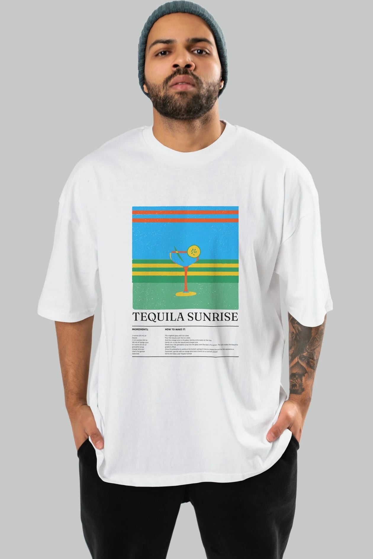 Tequila Sunrise Kokteyl Ön Baskılı Oversize t-shirt Erkek Kadın %100 Pamuk Bisiklet Yaka tişort