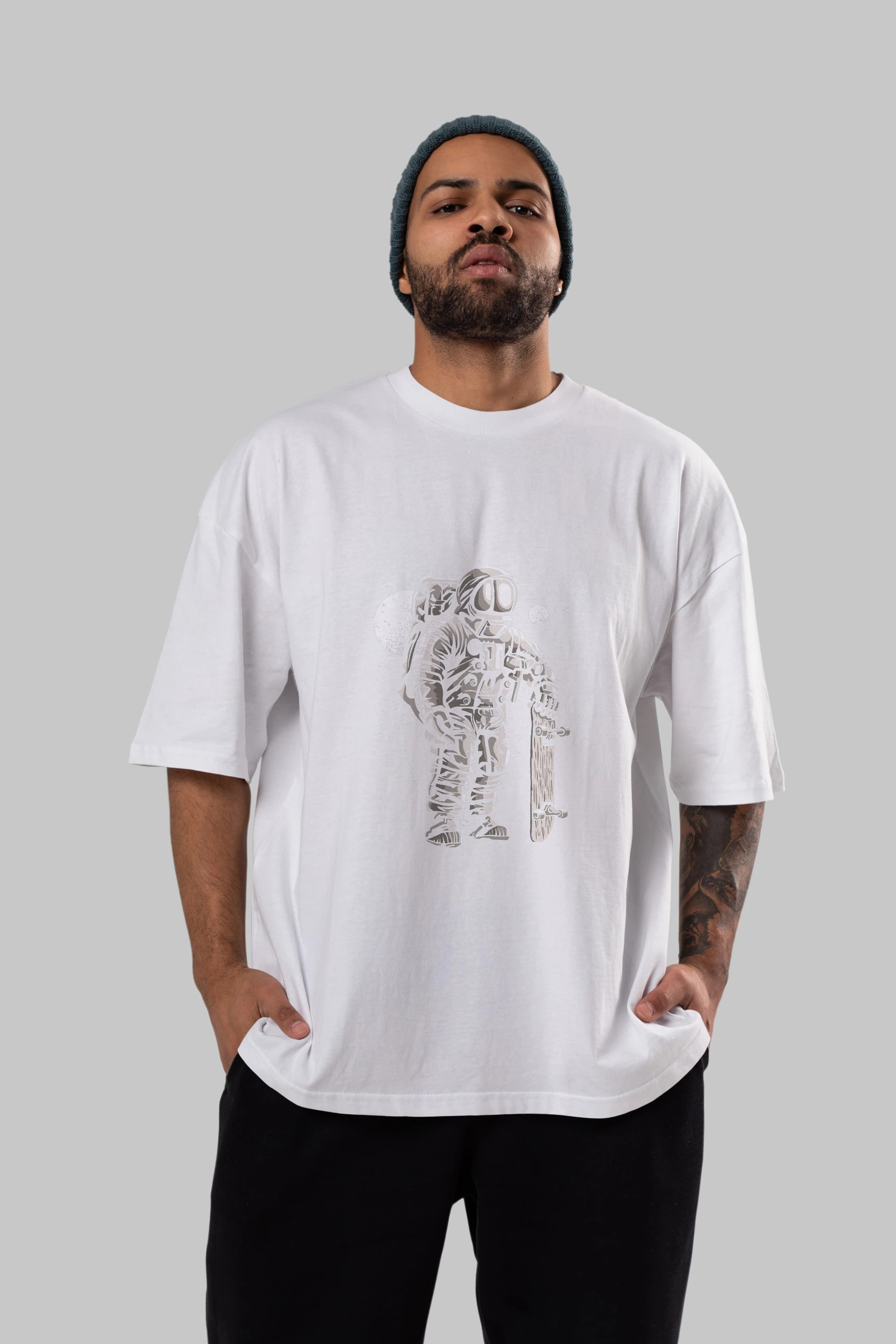 Astronaut Skater Ön Baskılı Oversize t-shirt Erkek Kadın Unisex %100 Pamuk tişort