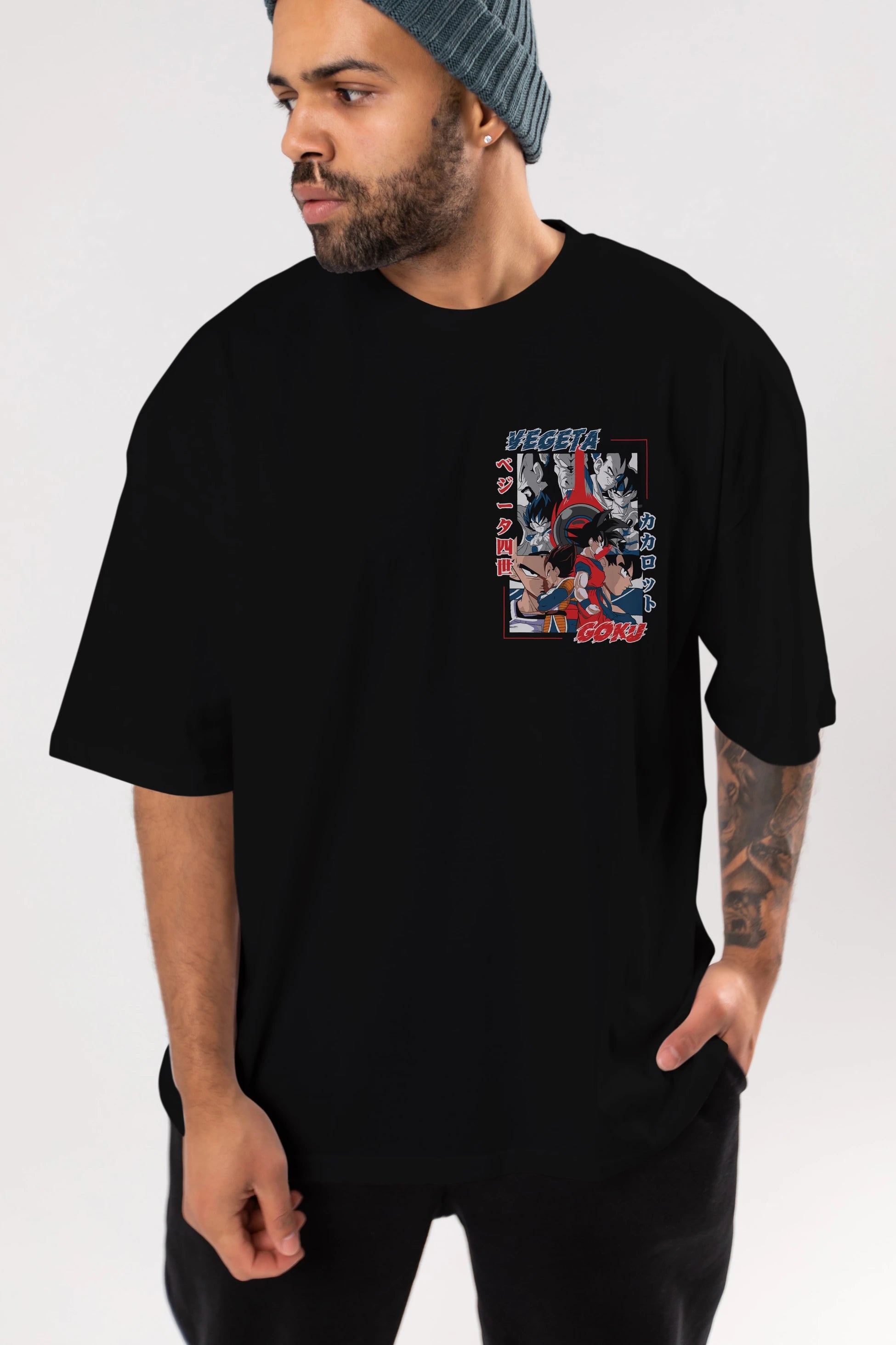 VEGETA VS GOKU Ön Sol Baskılı Oversize t-shirt Erkek Kadın Unisex %100 Pamuk Bisiklet Yaka tişort