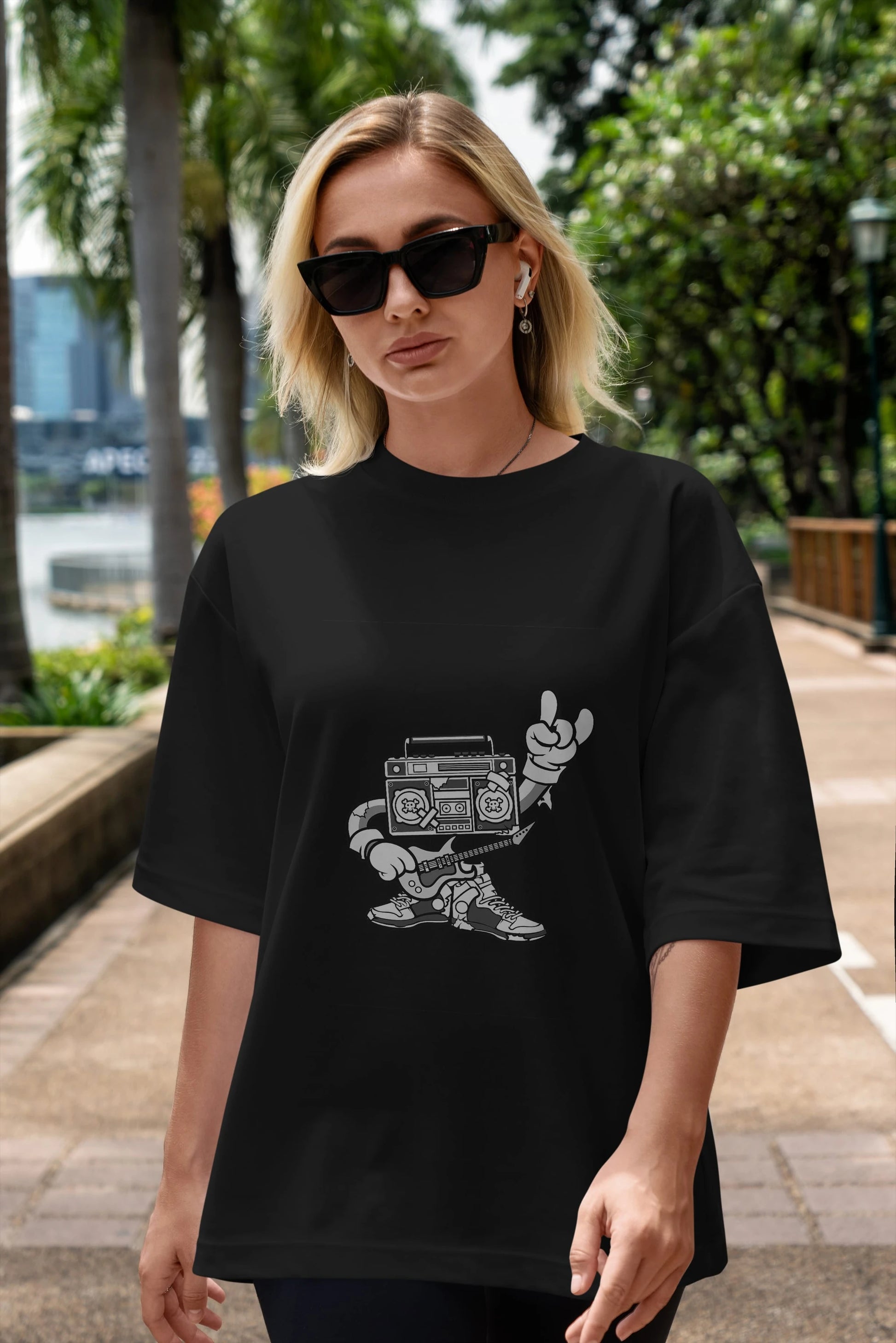 Boombox Rockstar Ön Baskılı Oversize t-shirt Erkek Kadın Unisex %100 Pamuk tişort