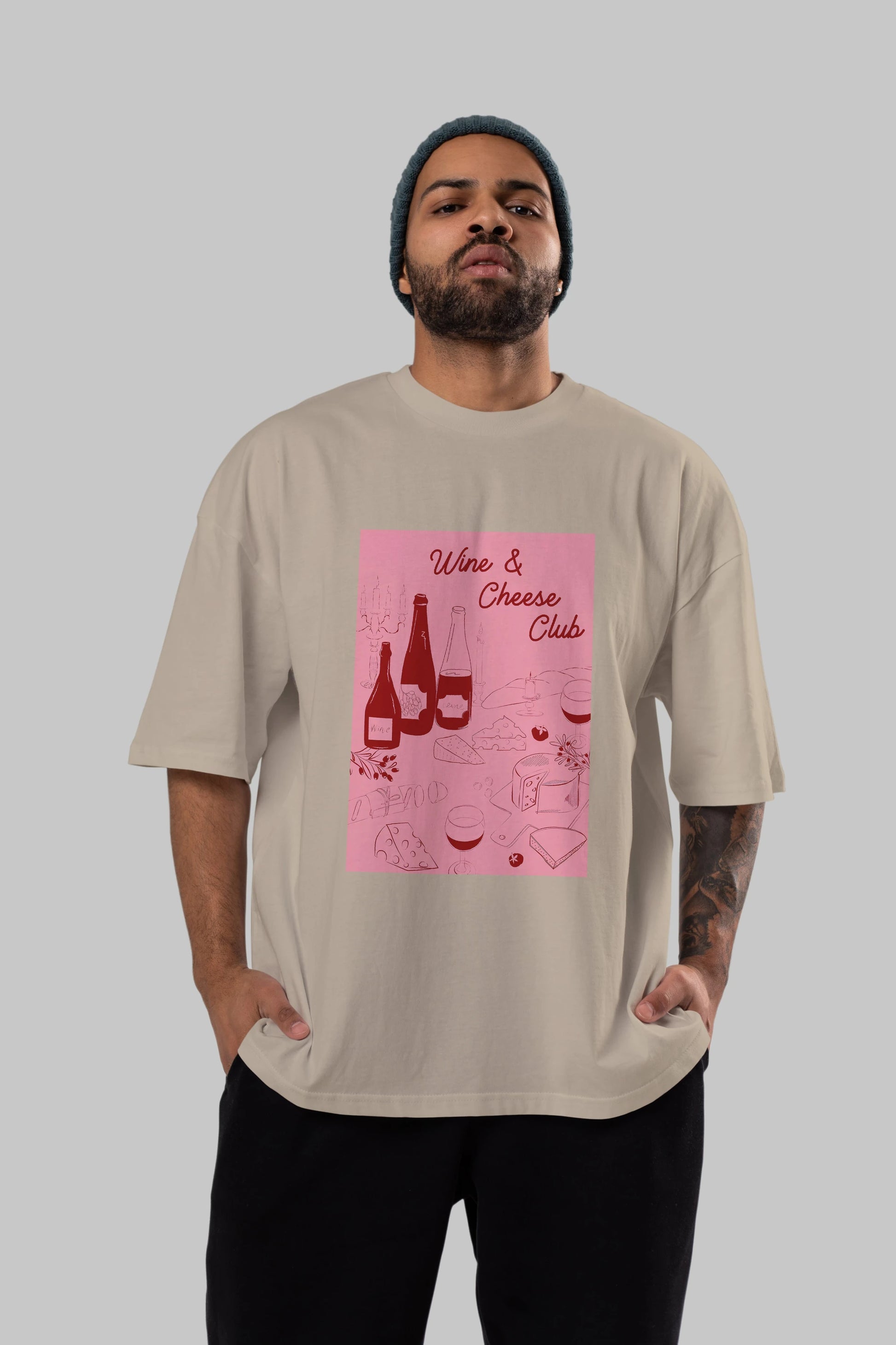 Wine Cheese Club Ön Baskılı Oversize t-shirt Erkek Kadın Unisex %100 Pamuk Bisiklet Yaka tişort
