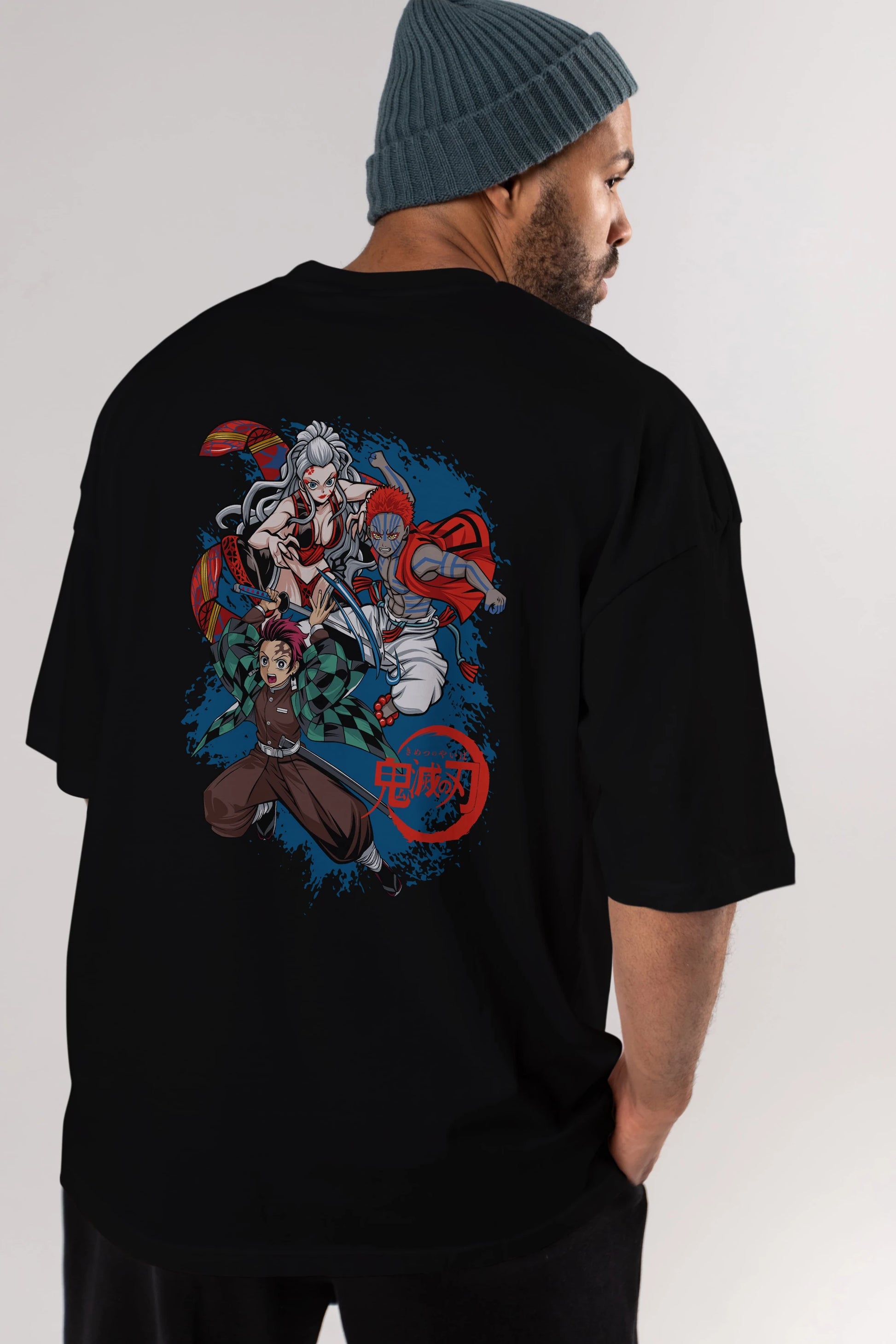 TANJIRO ,AKAZA,DAKI Anime Arka Baskılı Oversize t-shirt Erkek Kadın Unisex
