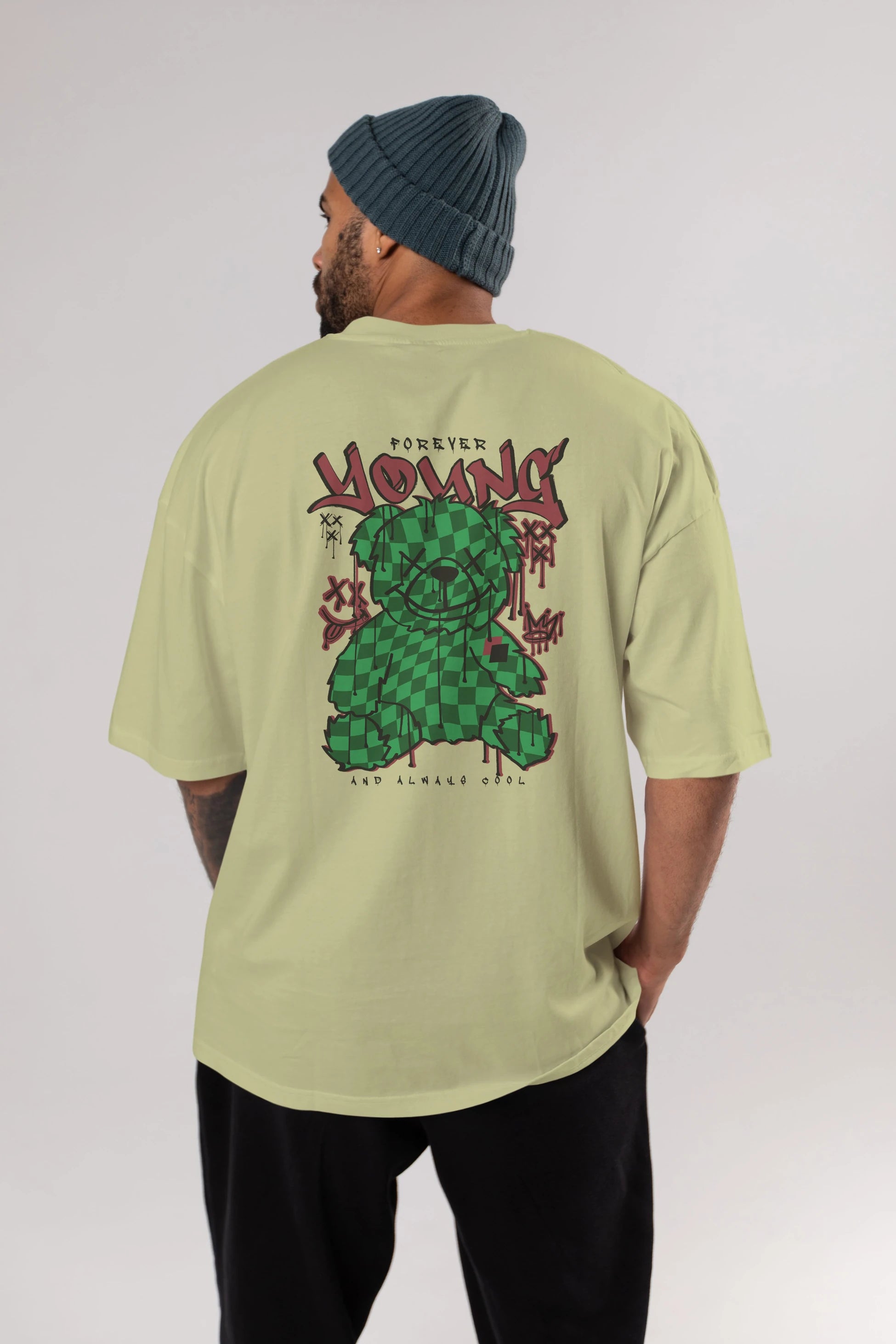 Young and Always Cool Bear Arka Baskılı Oversize t-shirt Erkek Kadın Unisex