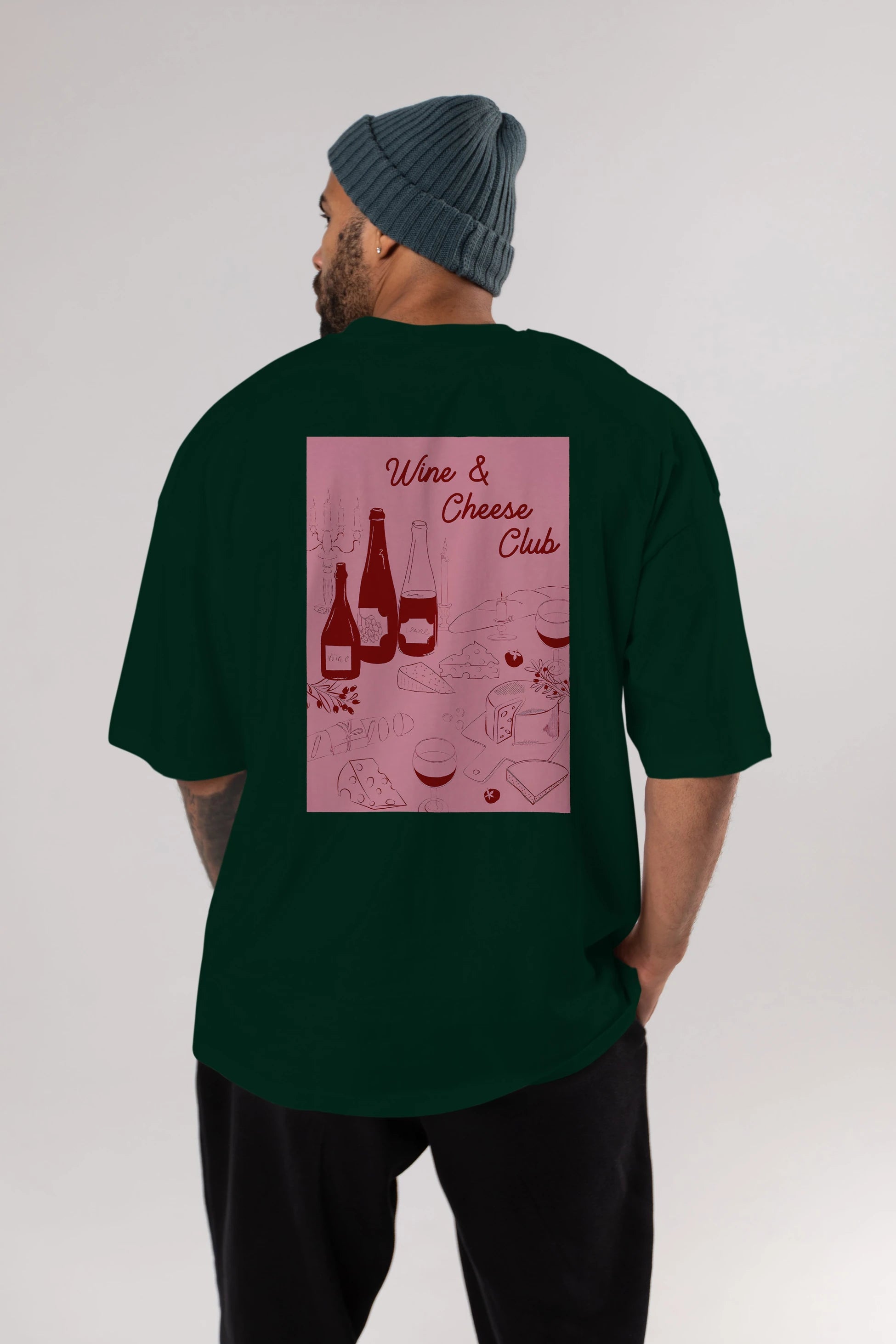 Wine Cheese Club Arka Baskılı Oversize t-shirt Erkek Kadın Unisex %100 Pamuk Bisiklet Yaka tişort