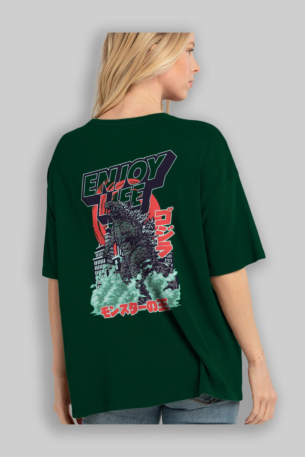 Godzilla Arka Baskılı Oversize t-shirt Erkek Kadın Unisex %100 Pamuk Bisiklet Yaka tişort