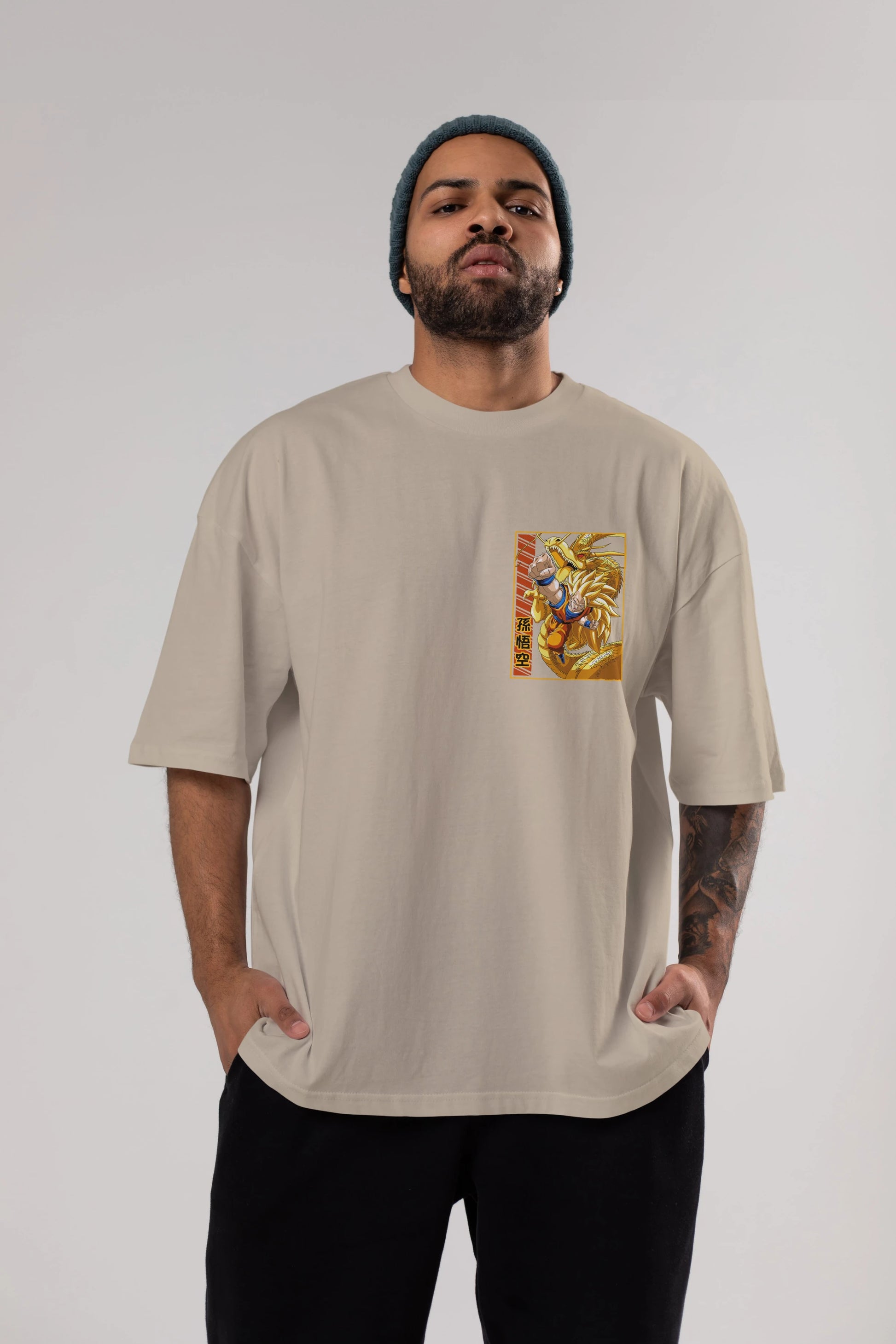 DragonBall Goku Ön Sol Baskılı Oversize t-shirt Erkek Kadın Unisex %100 Pamuk Bisiklet Yaka tişort