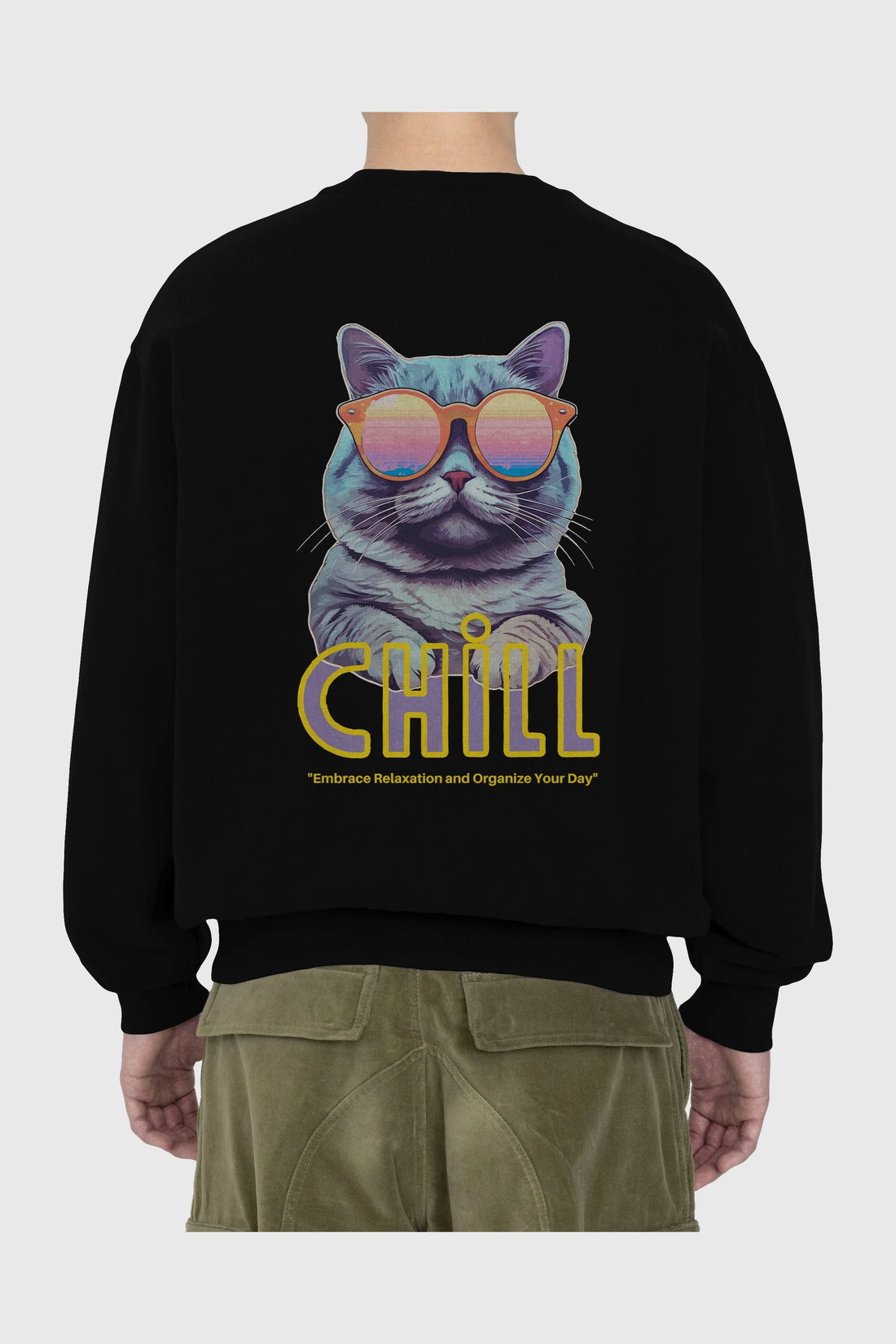 Chill Cat Arka Baskılı Oversize Sweatshirt Erkek Kadın Unisex
