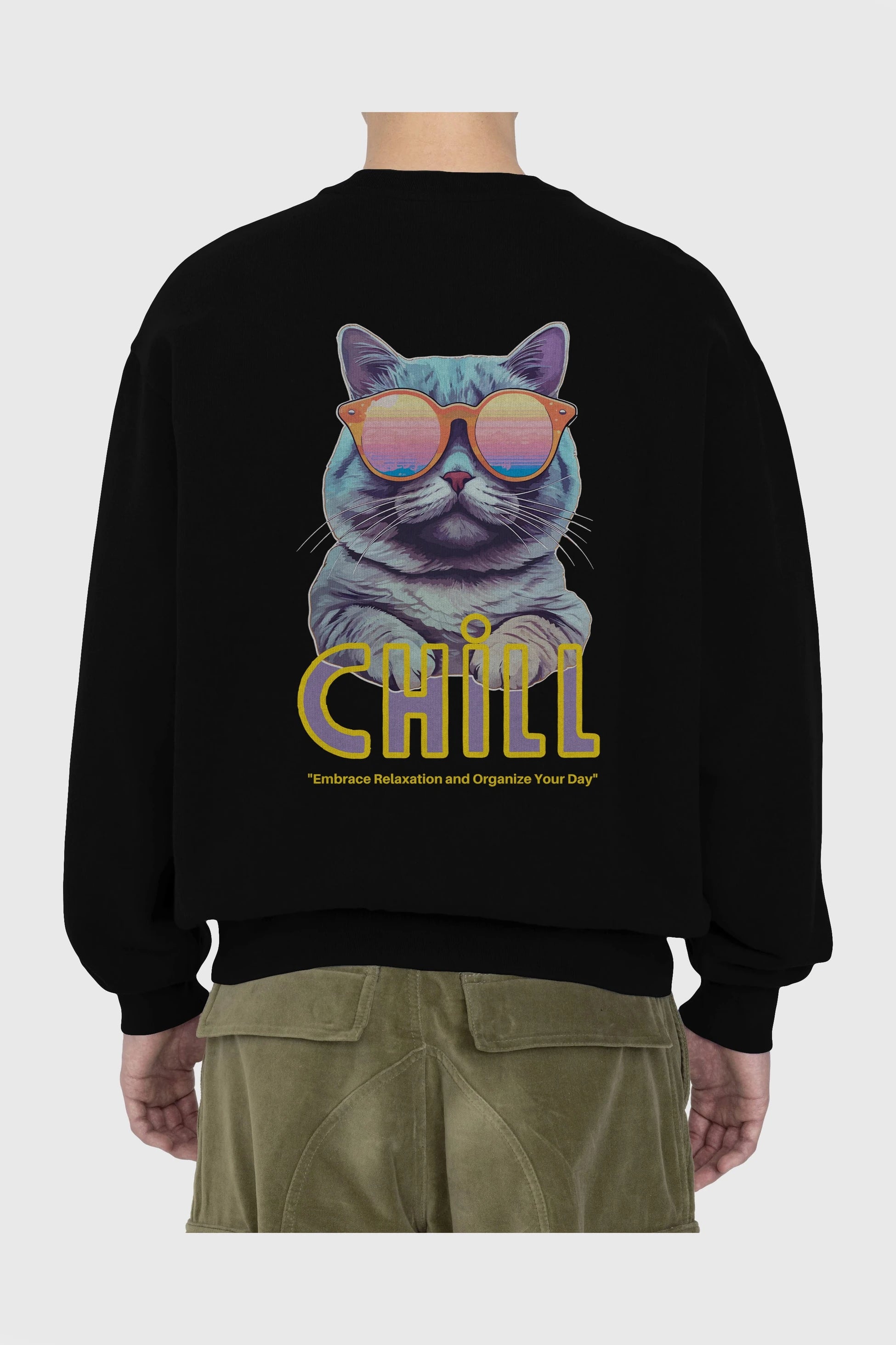 Chill Cat Arka Baskılı Oversize Sweatshirt Erkek Kadın Unisex