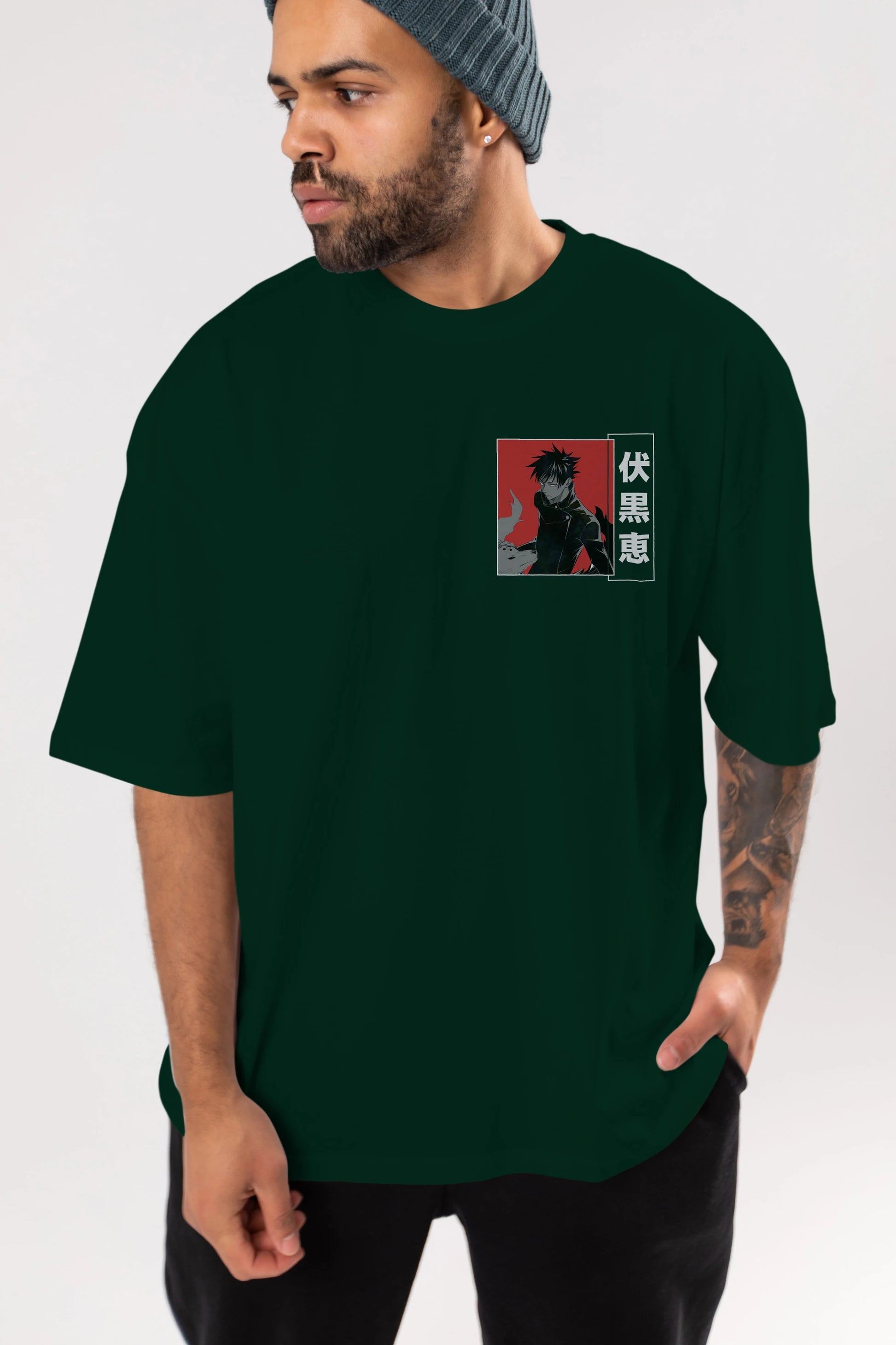 Megumi Fushiguro Ön Sol Baskılı Oversize t-shirt Erkek Kadın Unisex %100 Pamuk Bisiklet Yaka tişort
