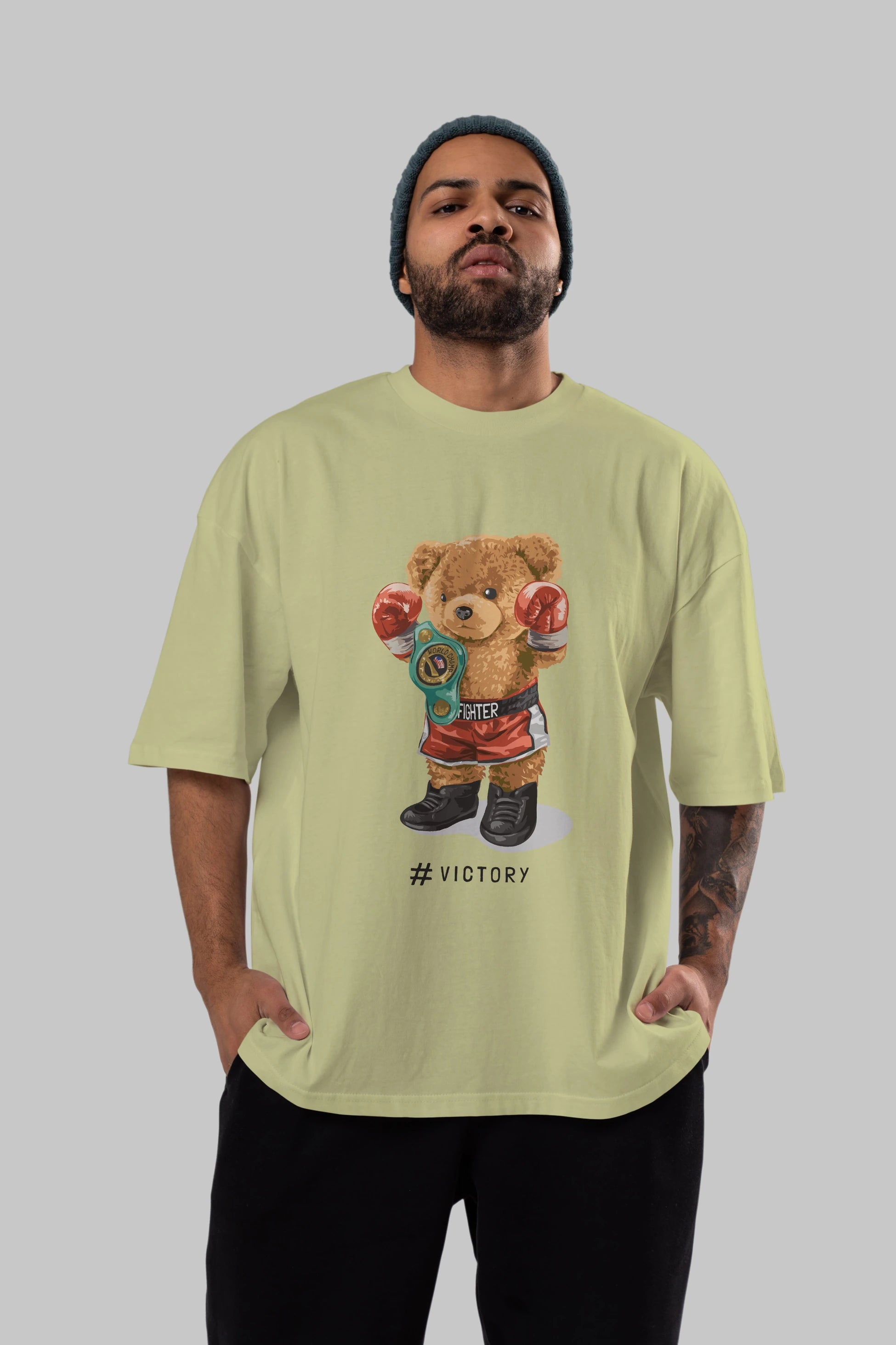 Teddy Bear Victory Ön Baskılı Oversize t-shirt Erkek Kadın Unisex %100 Pamuk