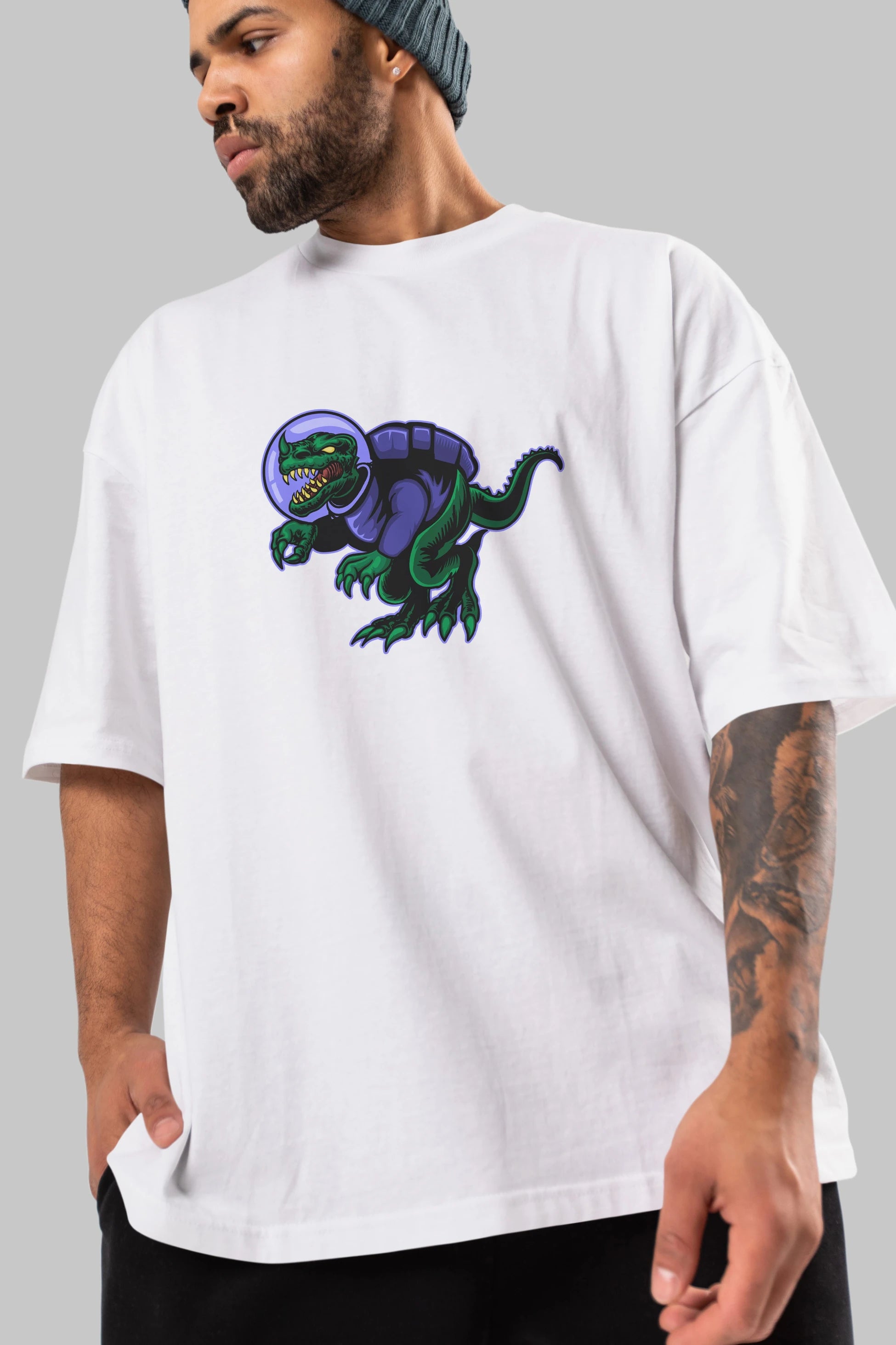 Space Dino Ön Baskılı Oversize t-shirt Erkek Kadın Unisex