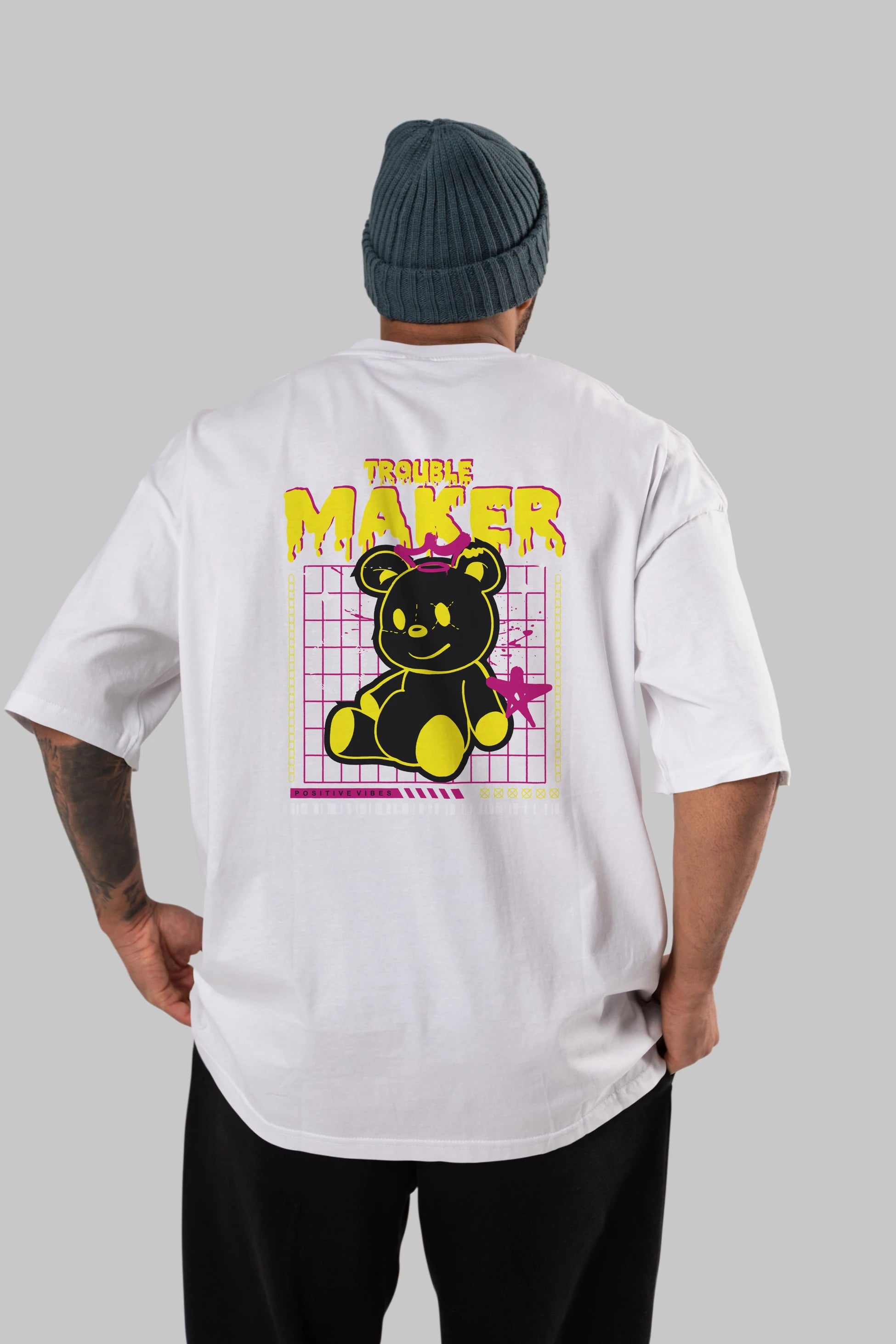 Teddy Bear Trouble Maker Arka Baskılı Oversize t-shirt Erkek Kadın Unisex