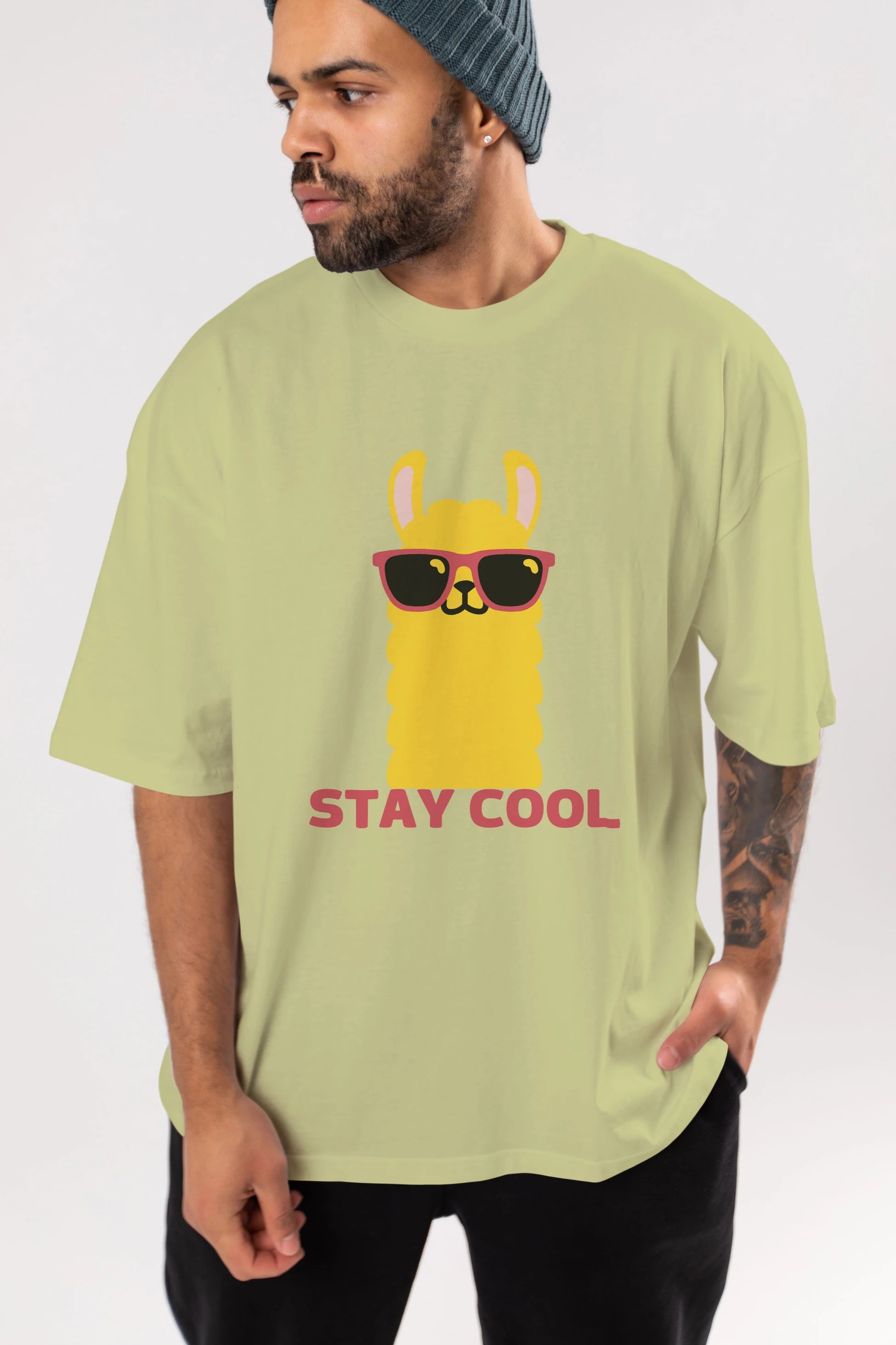 Stay Cool Yazılı Lama Ön Baskılı Oversize t-shirt Erkek Kadın Unisex