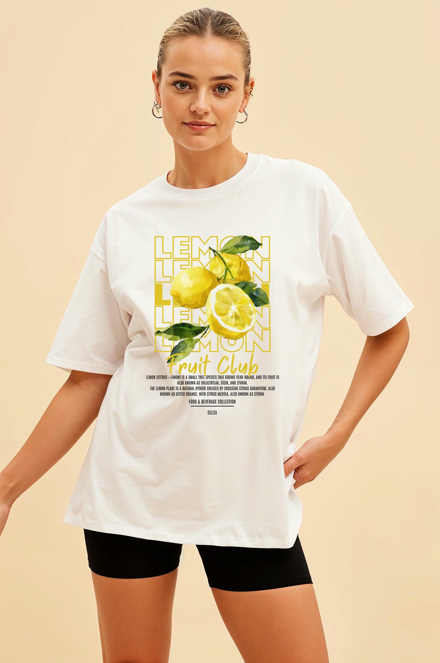 Lemon Ön Baskılı Oversize t-shirt Erkek Kadın Pamuk Bisiklet Yaka tişort