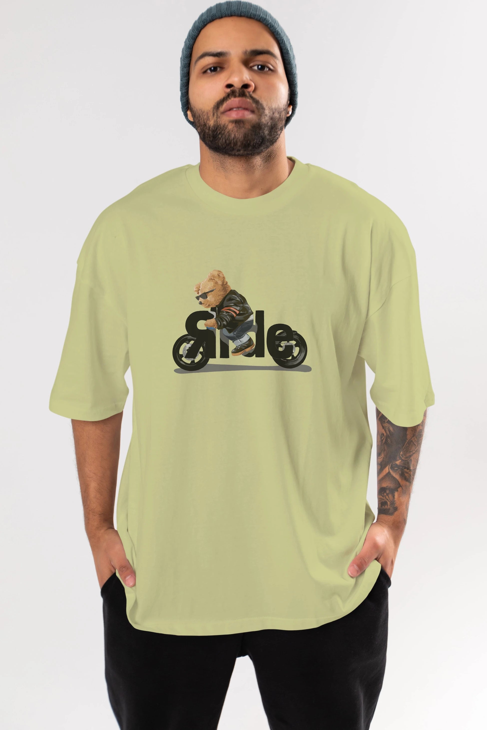 Teddy Bear Ride Ön Baskılı Oversize t-shirt Erkek Kadın Unisex %100 Pamuk