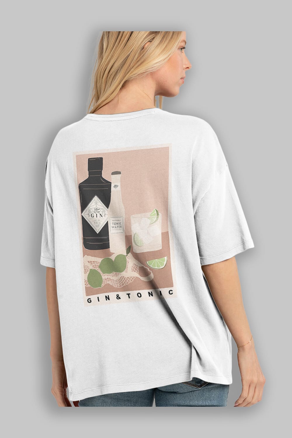 Gin Tonic Arka Baskılı Oversize t-shirt Erkek Kadın Unisex %100 Pamuk Bisiklet Yaka tişort
