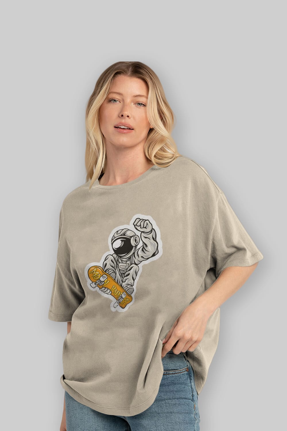 Moon Runner Sticker Ön Baskılı Oversize t-shirt Erkek Kadın Unisex