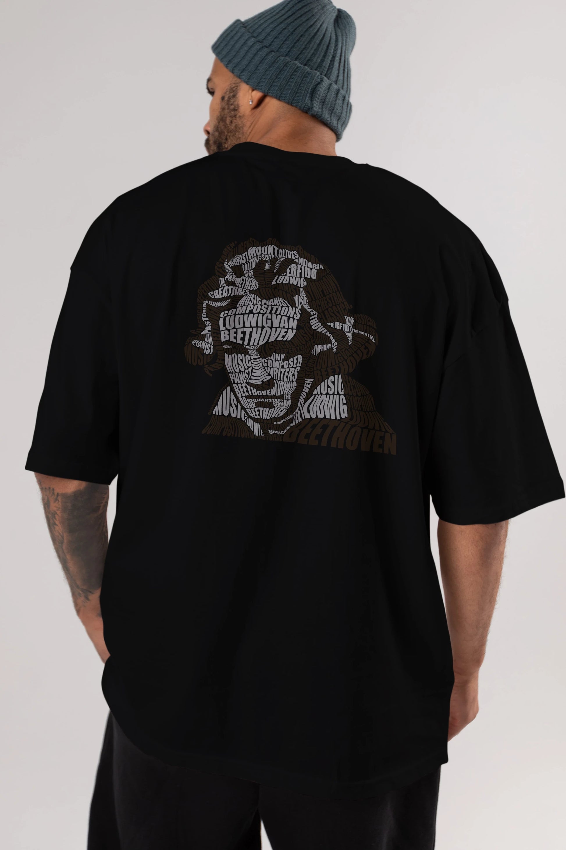 Ludwig van Beethoven Calligram Arka Baskılı Oversize t-shirt %100 pamuk Erkek Kadın Unisex