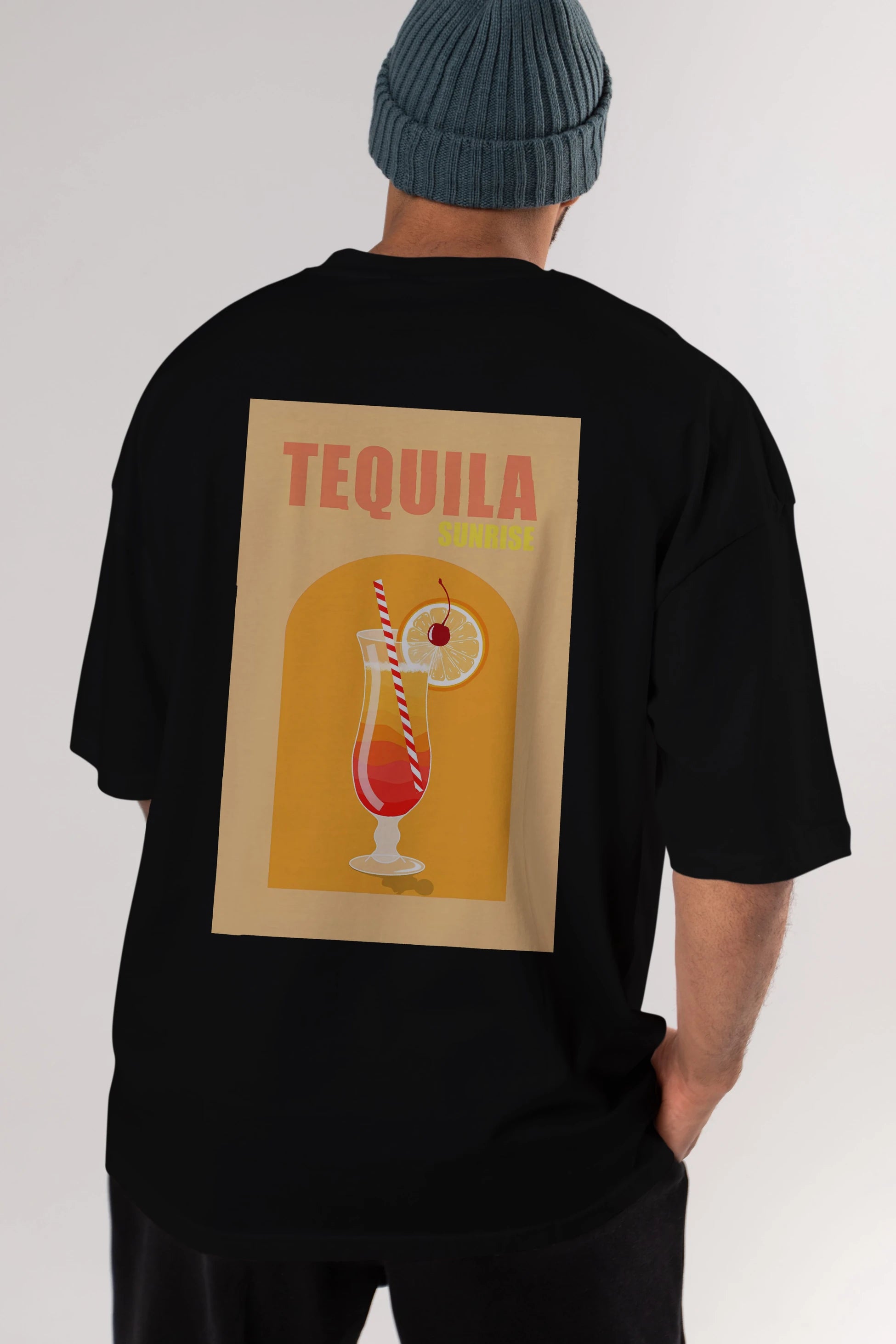 Tequila Sunrise Arka Baskılı Oversize t-shirt Erkek Kadın Unisex %100 Pamuk Bisiklet Yaka tişort
