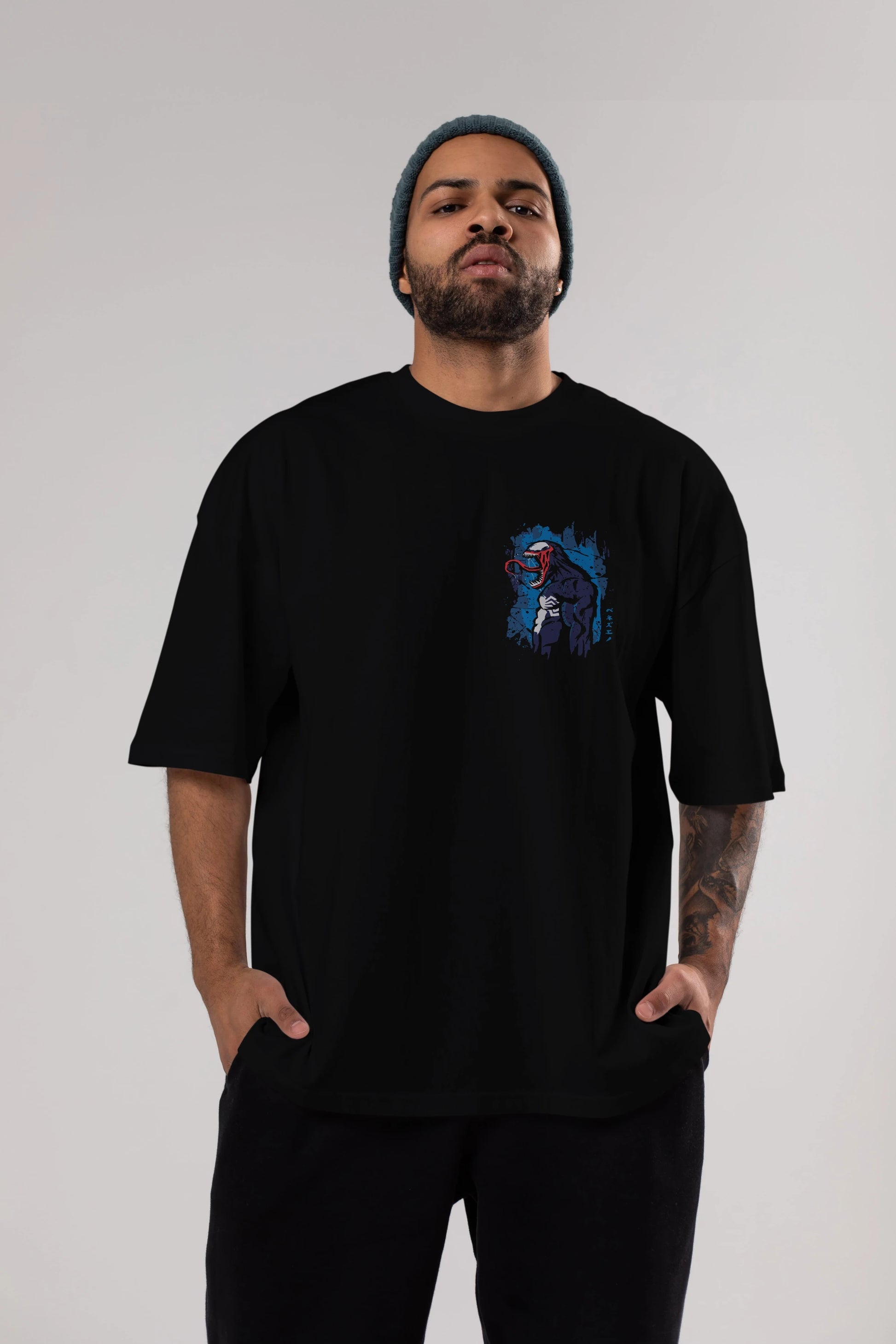 Venom (24) Ön Sol Baskılı Oversize t-shirt Erkek Kadın Unisex %100 Pamuk Bisiklet Yaka tişort