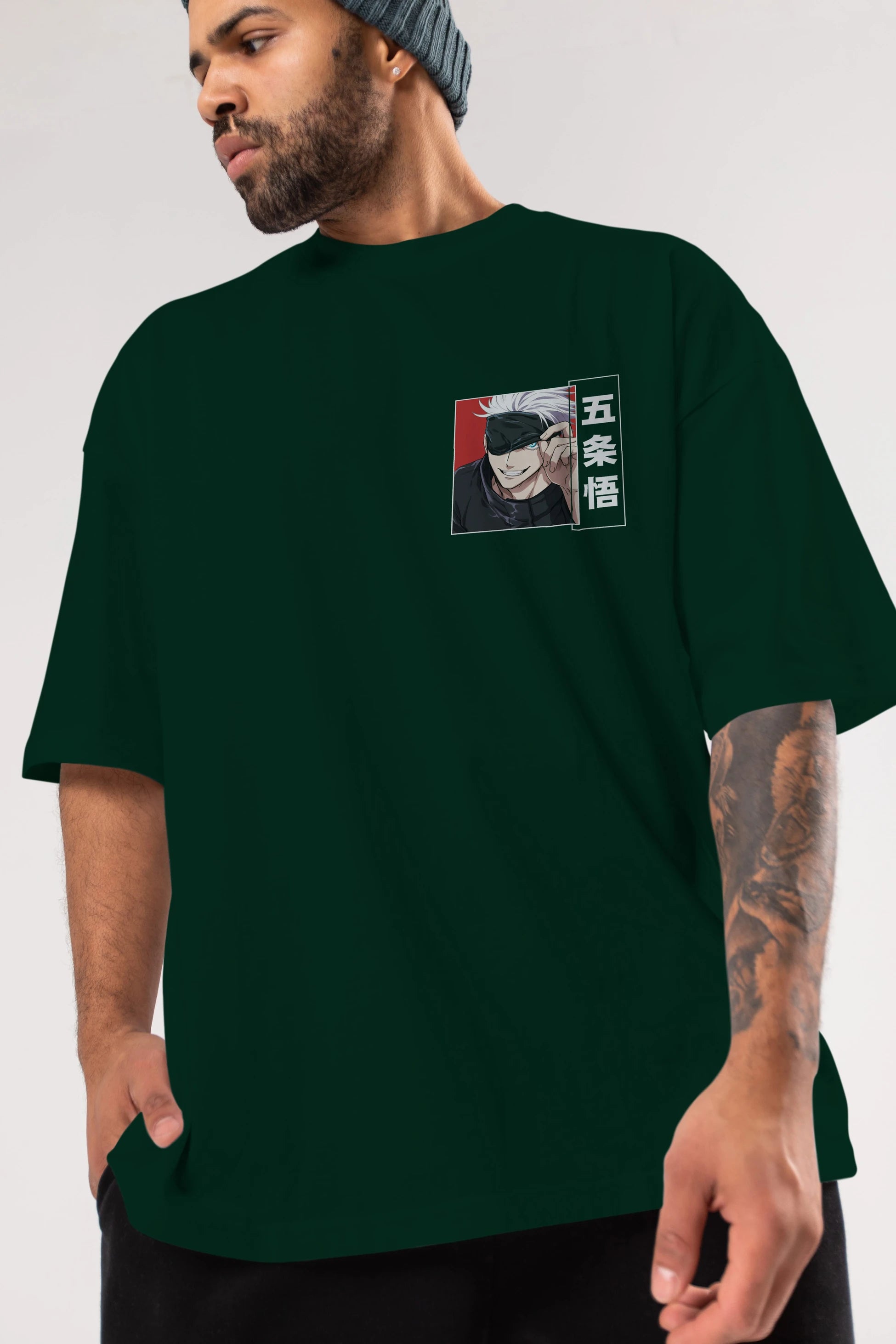 JUJUTSU KAISEN Ön Sol Baskılı Oversize t-shirt Erkek Kadın Unisex %100 Pamuk Bisiklet Yaka tişort