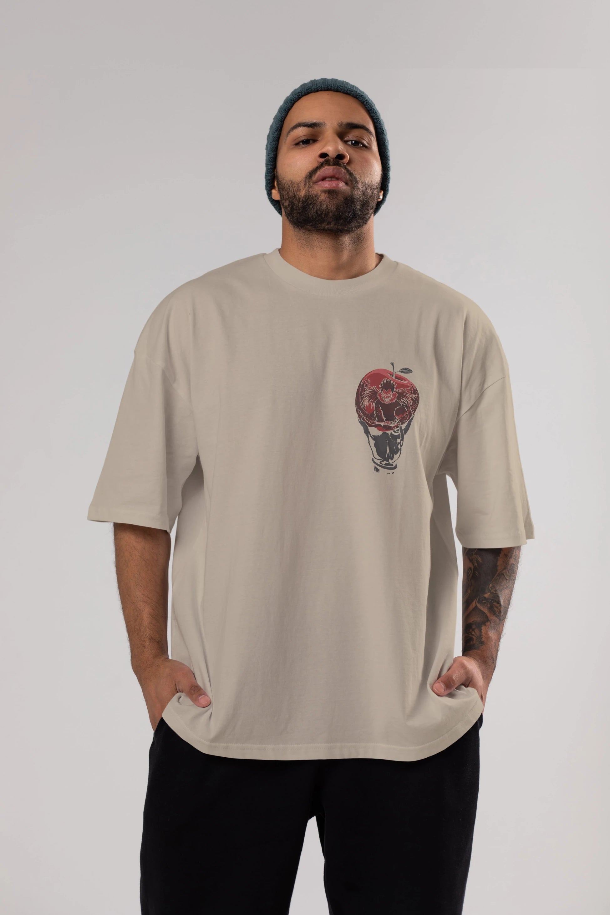 DEATH NOTE -RYUK Ön Sol Baskılı Oversize t-shirt Erkek Kadın Unisex %100 Pamuk Bisiklet Yaka tişort