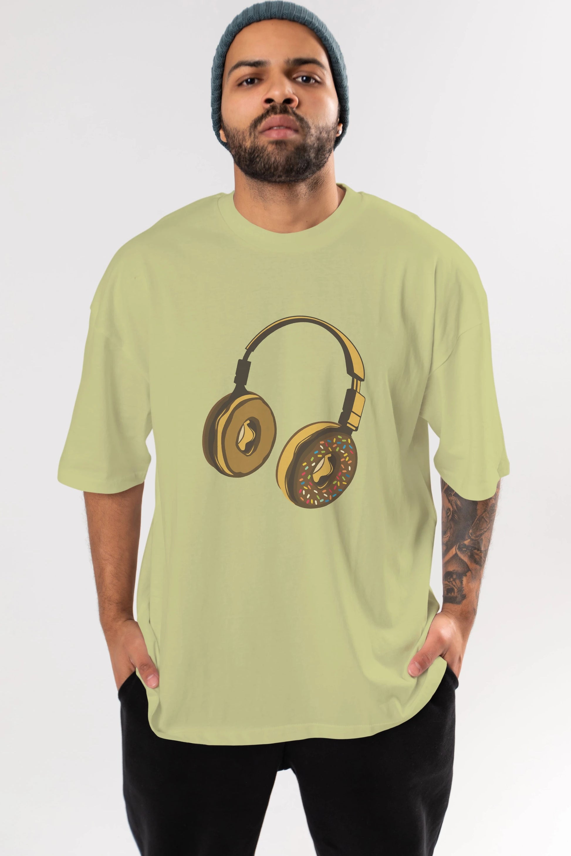 Headphone Donut Ön Baskılı Oversize t-shirt %100 pamuk Erkek Kadın Unisex
