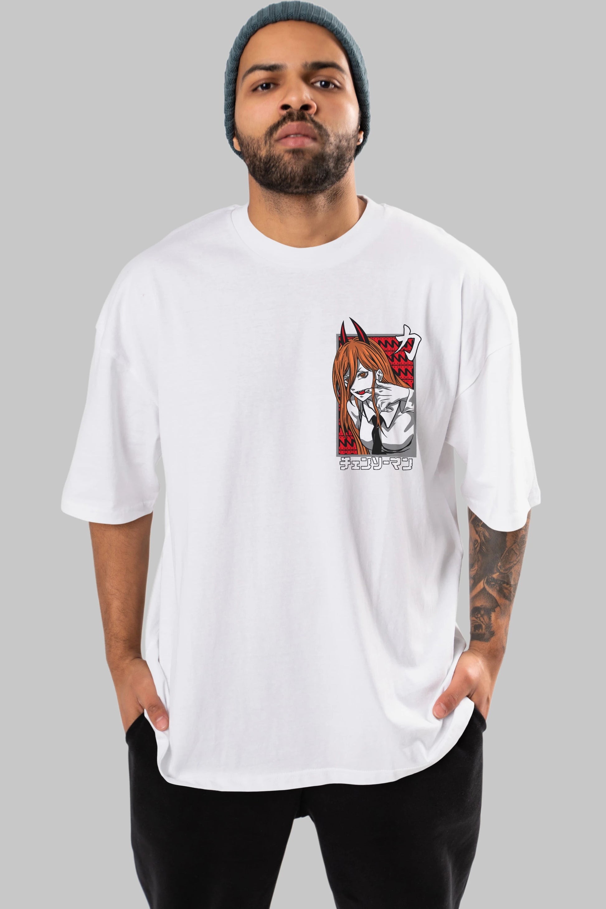 CHAINSAWMAN POWER Ön Sol Baskılı Oversize t-shirt Erkek Kadın Unisex %100 Pamuk Bisiklet Yaka tişort