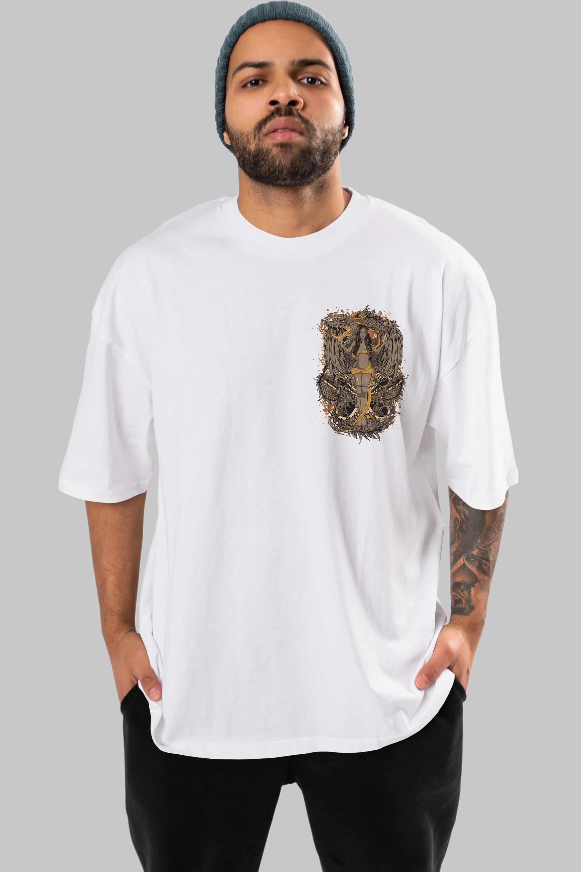 TRIBAL (3) Ön Sol Baskılı Oversize t-shirt Erkek Kadın Unisex %100 Pamuk Bisiklet Yaka tişort