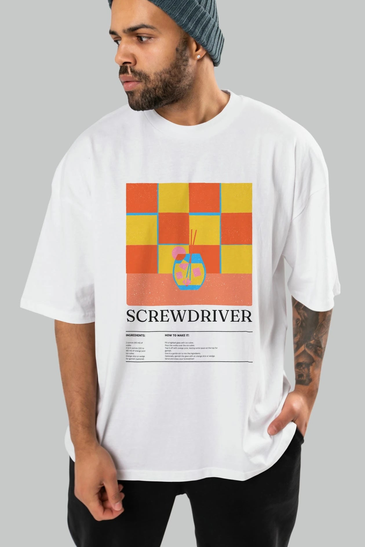 Screwdriver Kokteyl Ön Baskılı Oversize t-shirt Erkek Kadın %100 Pamuk Bisiklet Yaka tişort