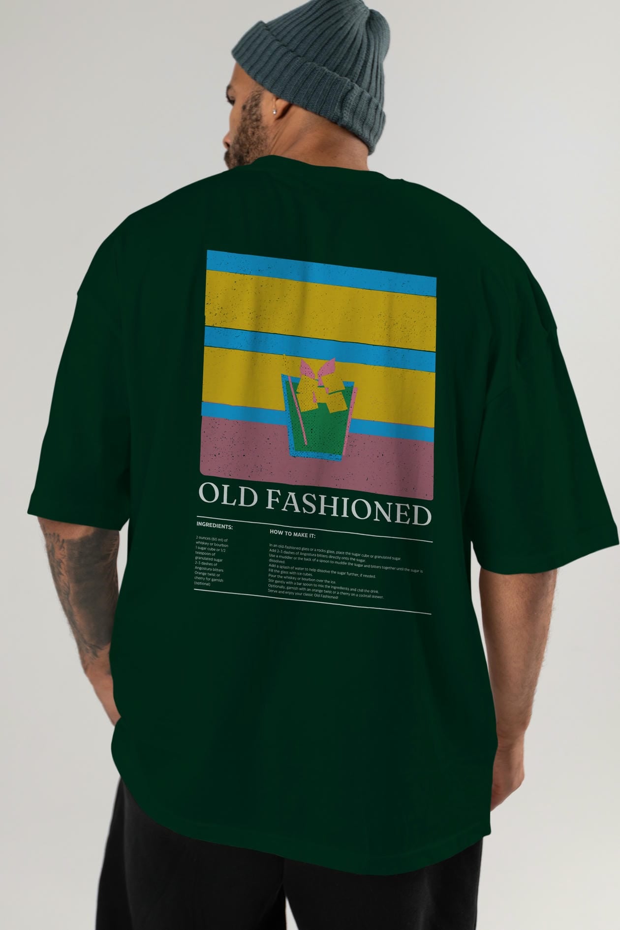 Old Fashioned Kokteyl Serisi Arka Baskılı Oversize t-shirt Erkek Kadın %100 Pamuk Bisiklet Yaka tişort
