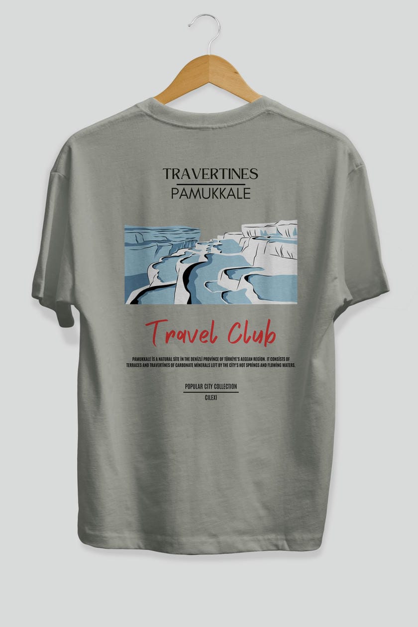 Travertines Pamukkale Arka Baskılı Oversize t-shirt Erkek Kadın Pamuk Bisiklet Yaka tişort