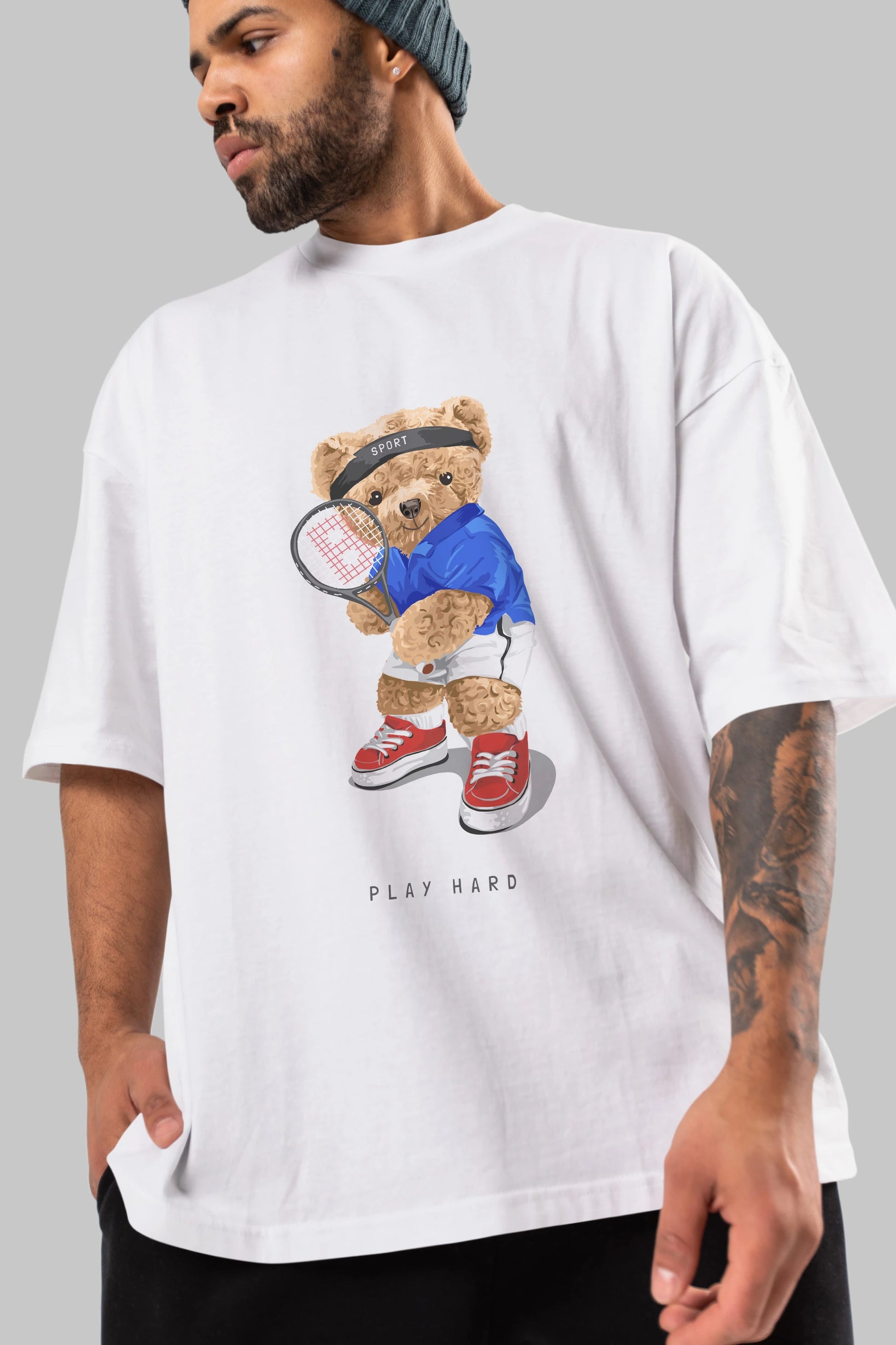 Teddy Bear Play Hard Ön Baskılı Oversize t-shirt Erkek Kadın Unisex %100 Pamuk