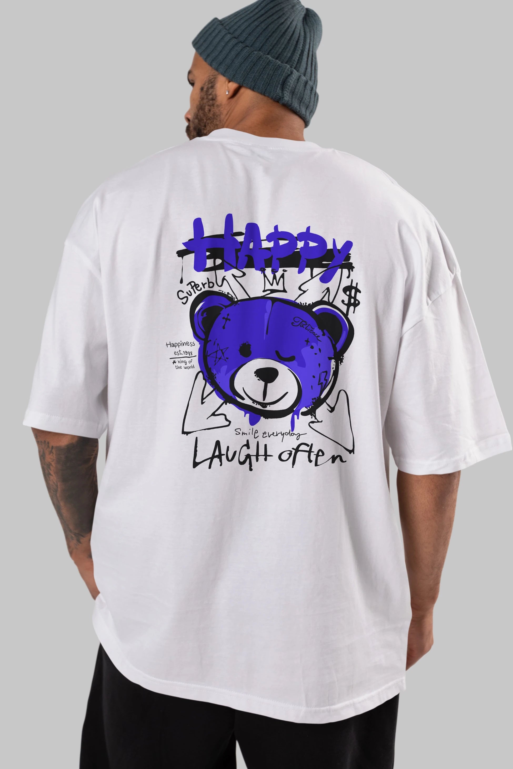 Happy Bear Arka Baskılı Oversize t-shirt Erkek Kadın Unisex