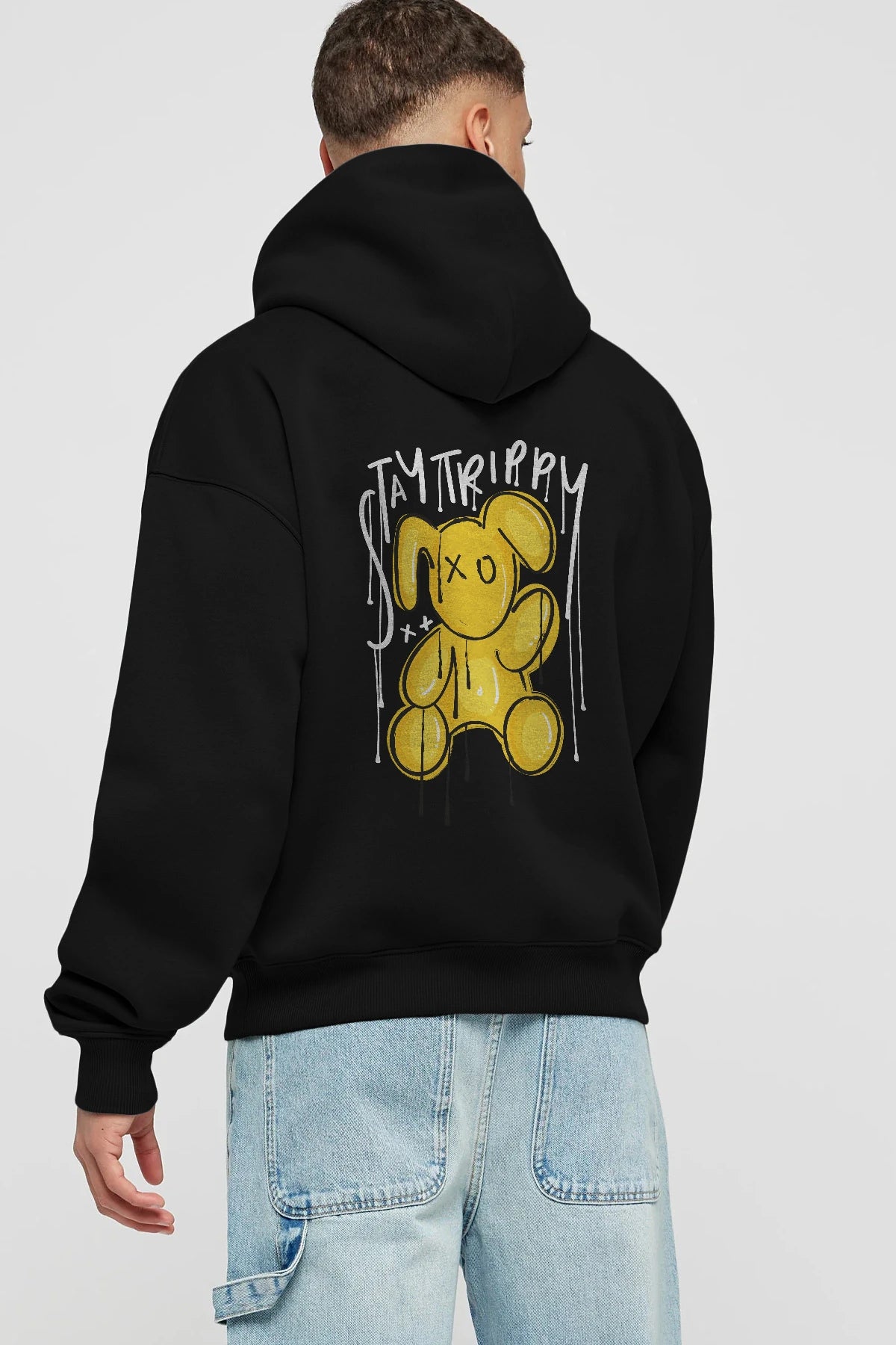 Stay Trippy Bear Arka Baskılı Hoodie Oversize Kapüşonlu Sweatshirt Erkek Kadın Unisex